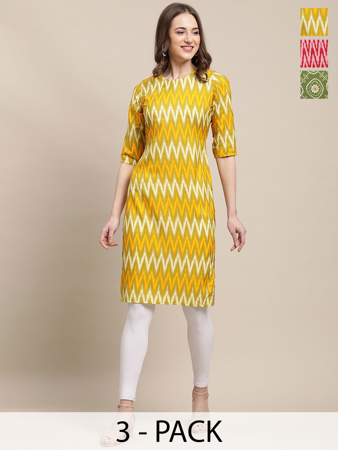 7Threads Selection Of 3 Geometric Printed Round Neck Crepe Straight Kurta, Yellow
7Threads Selection Of 3 Geometric Printed Round Neck Crepe Straight Kurta, Yellow
