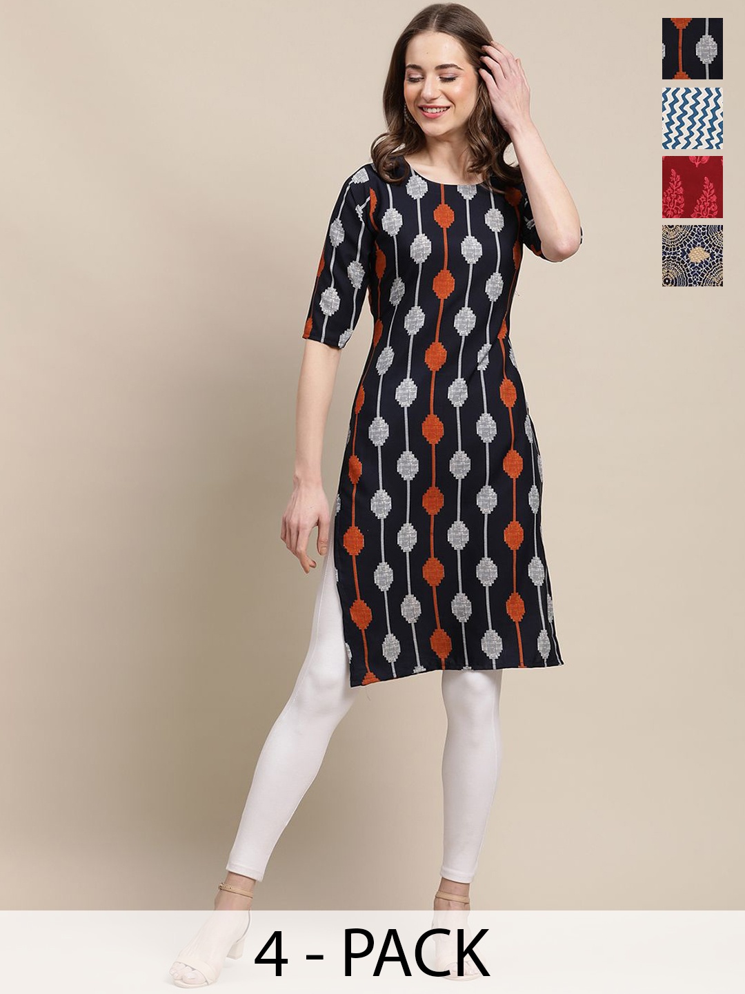 7Threads Selection Of 4 Ethnic Motifs Printed Round Neck Straight Crepe Kurtas, Black
7Threads Selection Of 4 Ethnic Motifs Printed Round Neck Straight Crepe Kurtas, Black