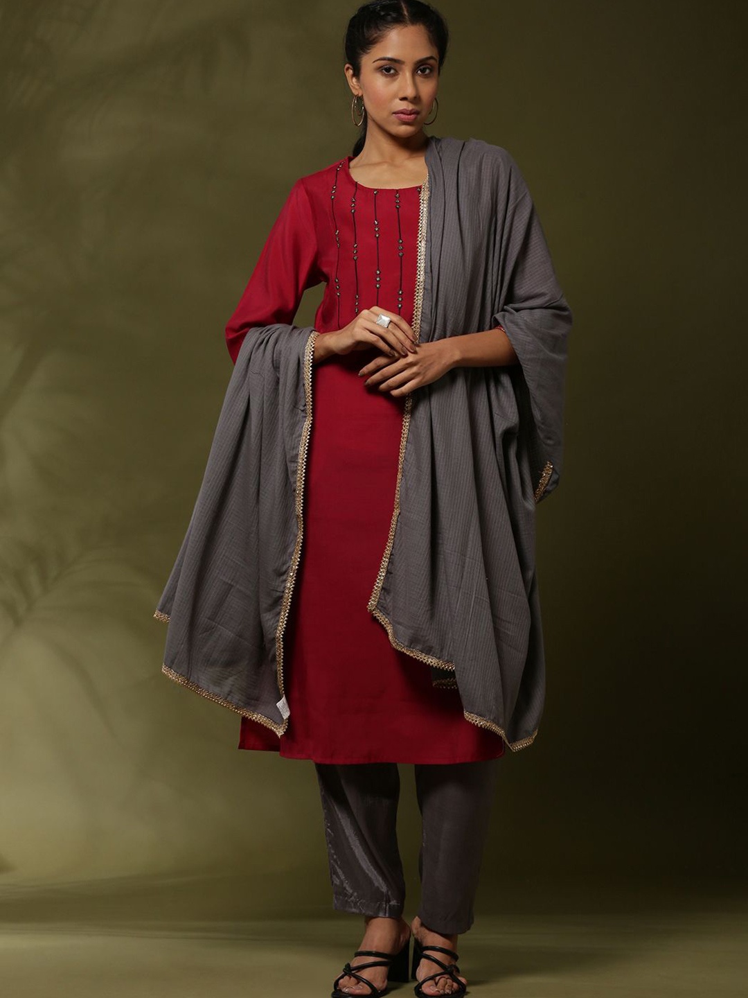 Abhishti Striped Yoke Design Thread Work Straight Kurta With Trousers & Dupatta, Red
Abhishti Striped Yoke Design Thread Work Straight Kurta With Trousers & Dupatta, Red