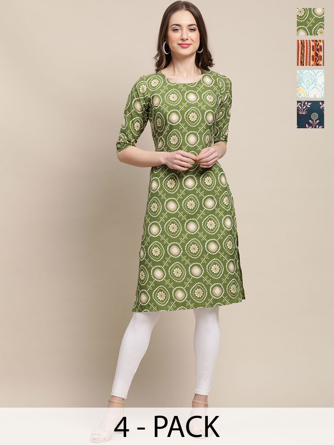 7Threads Selection Of 4 Ethnic Motifs Printed Round Neck Straight Crepe Kurtas, Green
7Threads Selection Of 4 Ethnic Motifs Printed Round Neck Straight Crepe Kurtas, Green