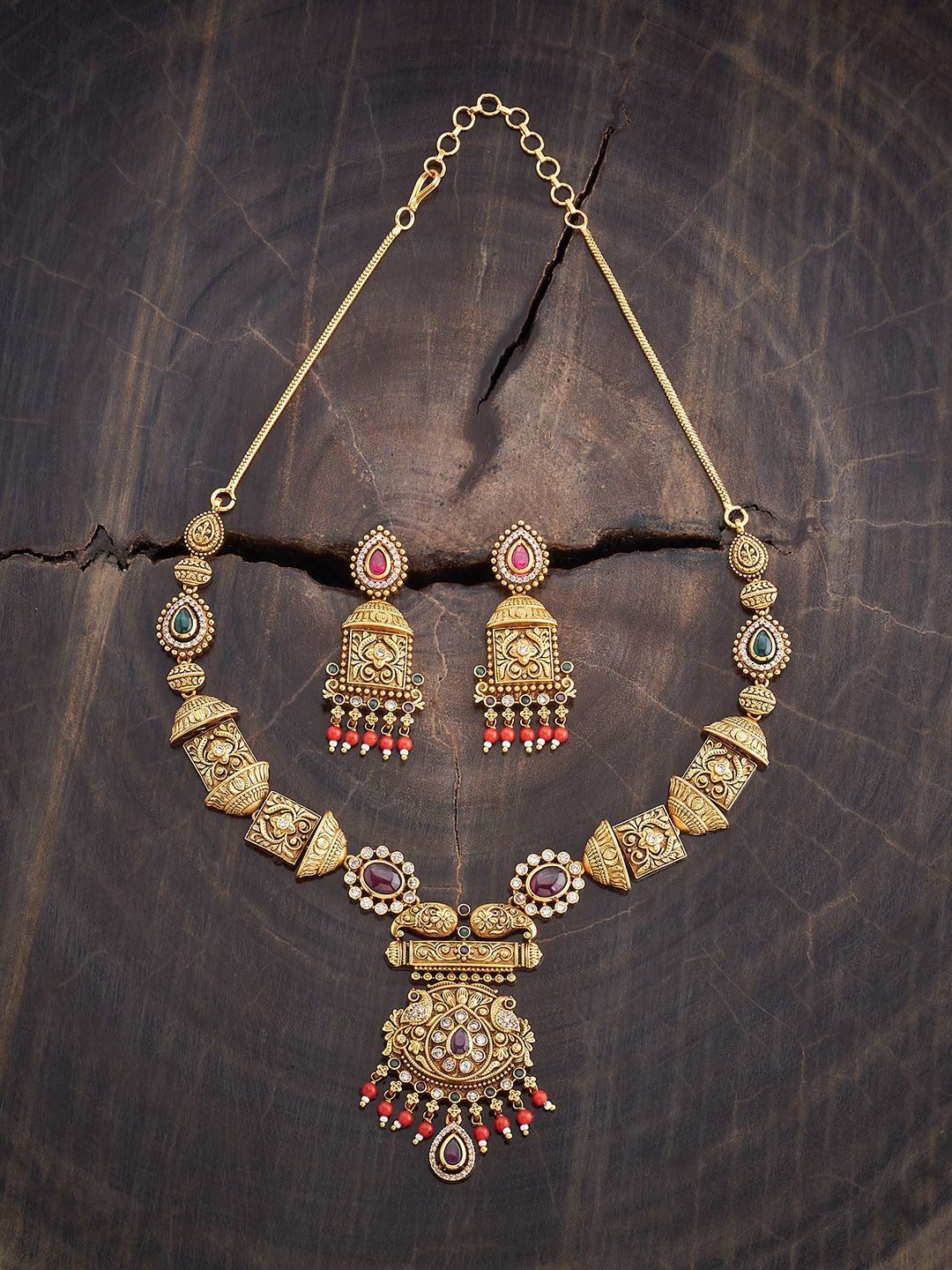 Kushal's Fashion Jewellery Gold-Plated Ruby Stone Studded Antique Jewellery Set
Kushal's Fashion Jewellery Gold-Plated Ruby Stone Studded Antique Jewellery Set