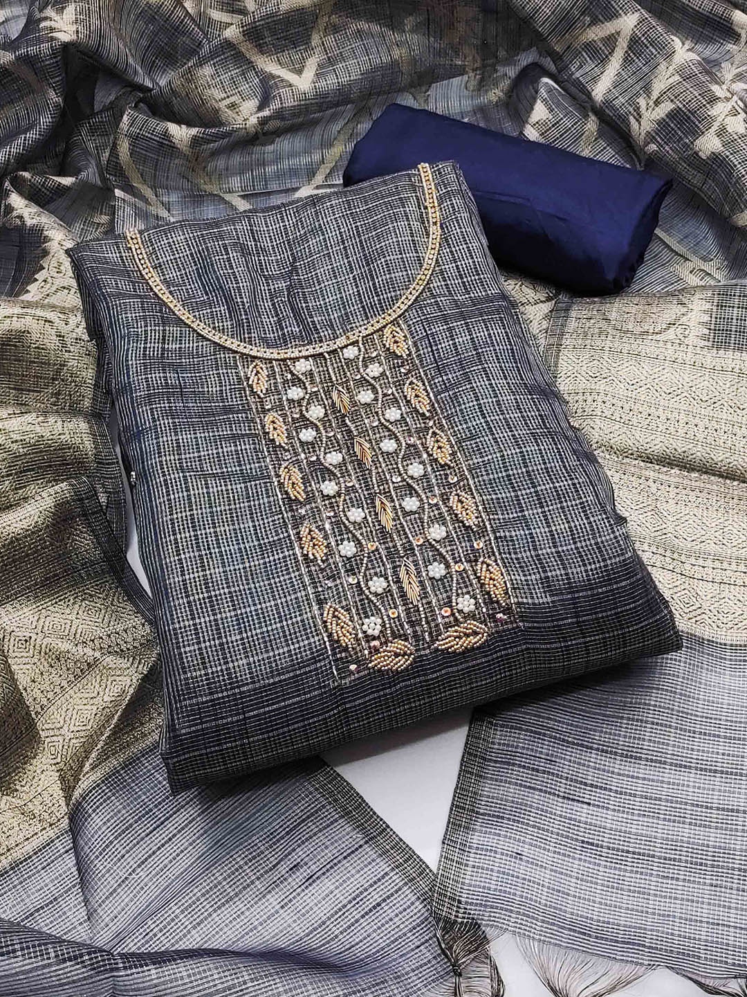 KALINI Checked Printed Woven Design Beads And Stones Unstitched Dress Material, Navy blue
KALINI Checked Printed Woven Design Beads And Stones Unstitched Dress Material, Navy blue