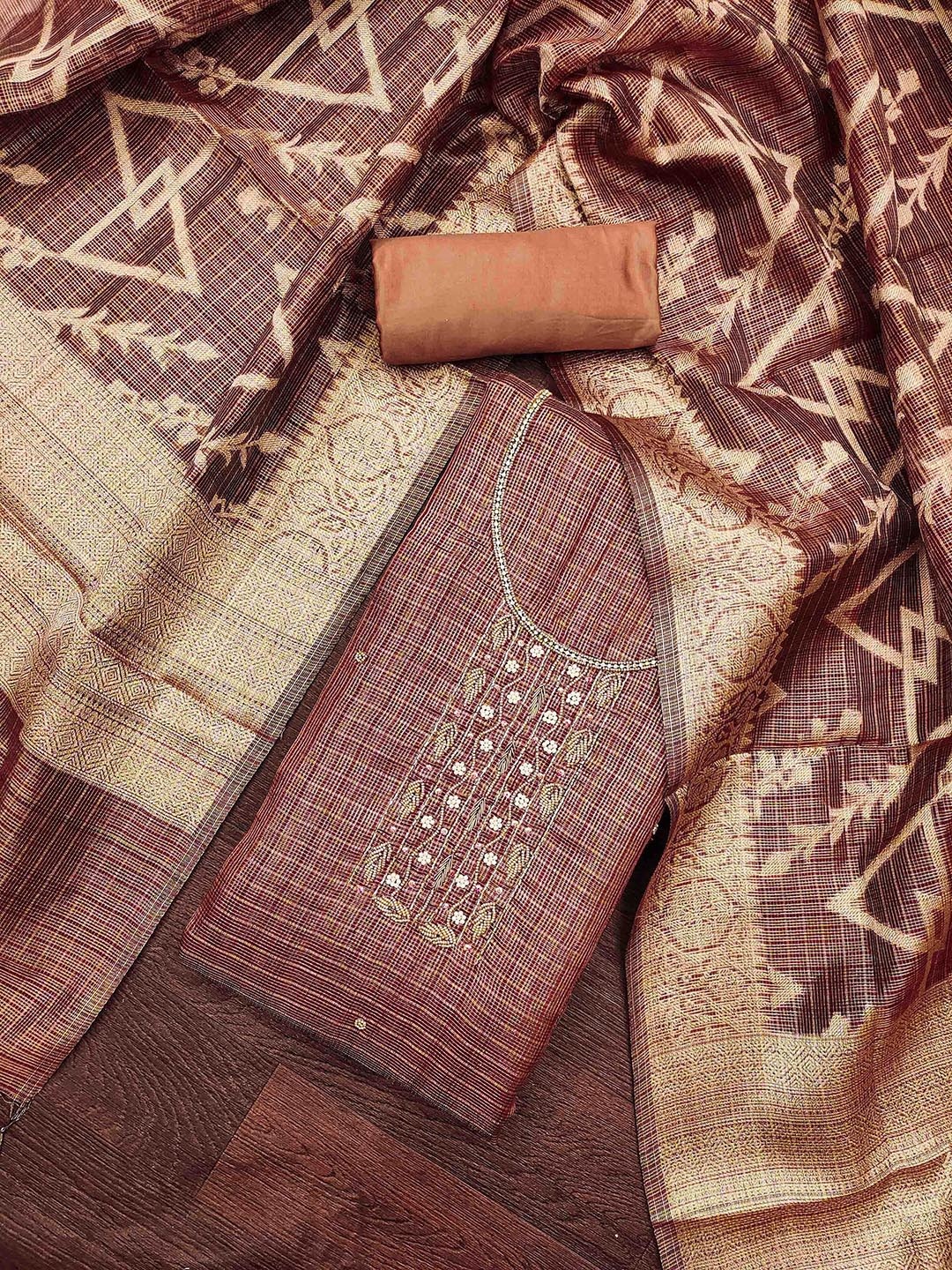 KALINI Checked Printed Woven Design Beads And Stones Unstitched Dress Material, Brown
KALINI Checked Printed Woven Design Beads And Stones Unstitched Dress Material, Brown