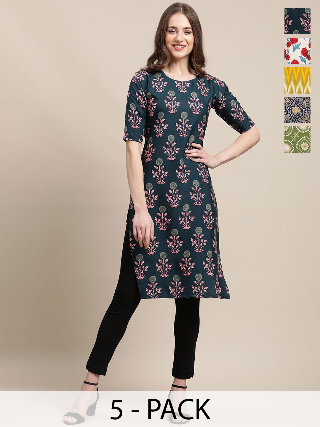 7Threads Pack Of 5 Ethnic Motifs Printed Round Neck Straight Crepe Kurta, Green
7Threads Pack Of 5 Ethnic Motifs Printed Round Neck Straight Crepe Kurta, Green
