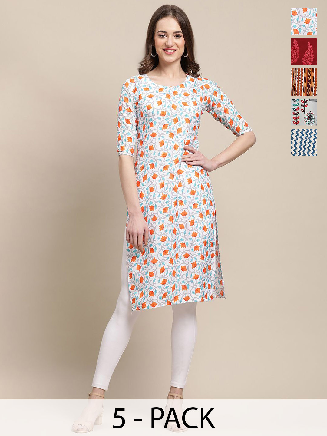 7Threads Selections Of 5 Ethnic Motifs Printed Straight Kurtas, White 
7Threads Selections Of 5 Ethnic Motifs Printed Straight Kurtas, White