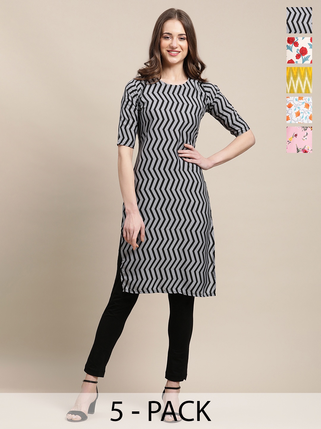 7Threads Selection Of 5 Chevron Printed Round Neck Regular Sleeves Straight Kurtas, Grey
7Threads Selection Of 5 Chevron Printed Round Neck Regular Sleeves Straight Kurtas, Grey