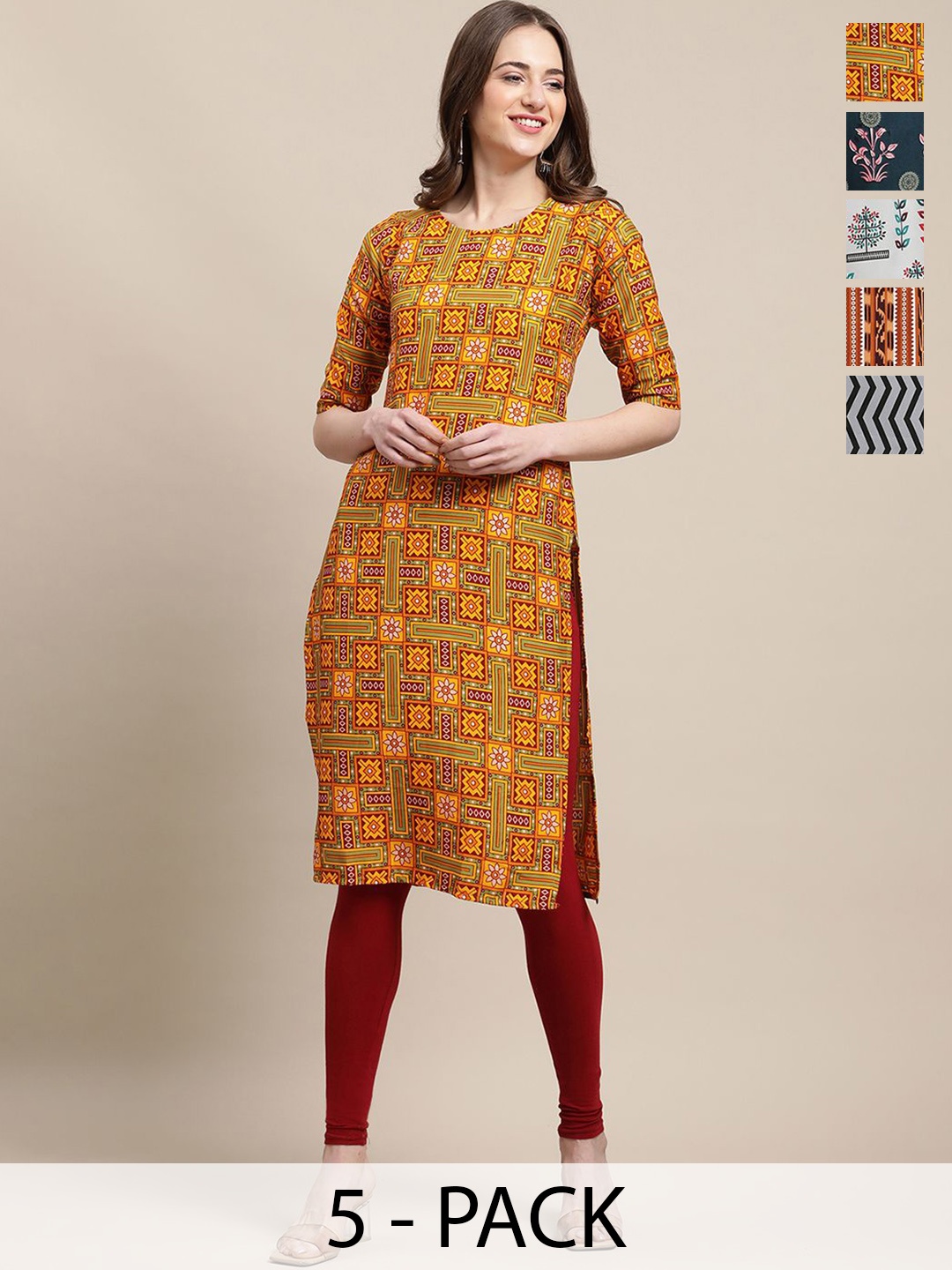 7Threads Pack Of 5 Ethnic Motifs Printed Round Neck Straight Crepe Kurta, Yellow
7Threads Pack Of 5 Ethnic Motifs Printed Round Neck Straight Crepe Kurta, Yellow