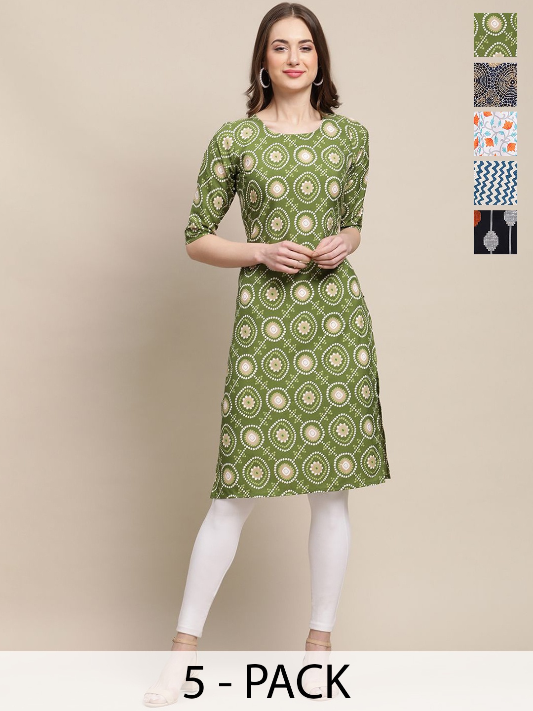 7Threads Selection Of 5 Ethnic Motifs & Geometric Printed Crepe Straight Kurtas, Green
7Threads Selection Of 5 Ethnic Motifs & Geometric Printed Crepe Straight Kurtas, Green