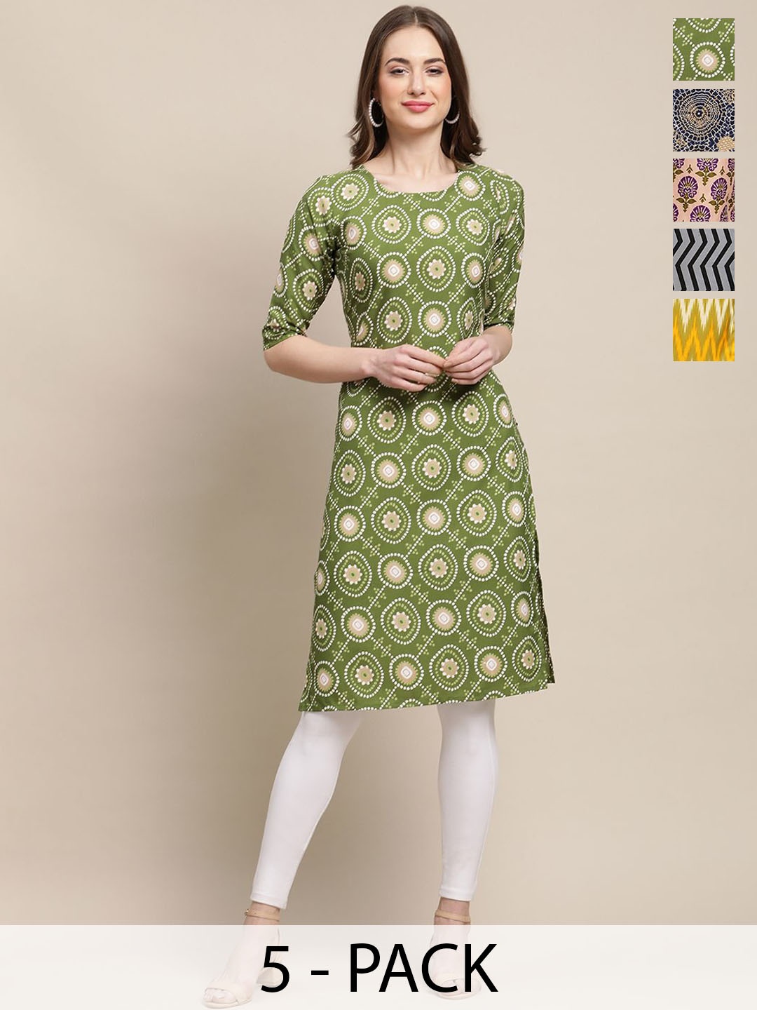 7Threads Selection of 5 Ethnic Motifs Printed Round Neck Crepe Straight Kurtas, Green
7Threads Selection of 5 Ethnic Motifs Printed Round Neck Crepe Straight Kurtas, Green