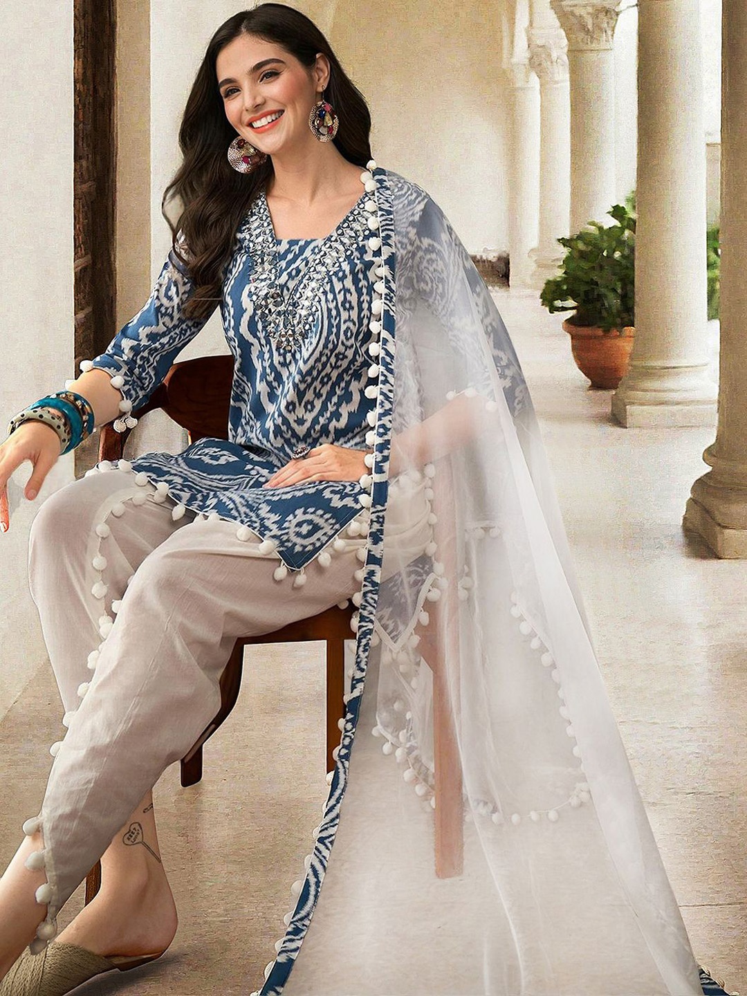 Ishin Ethnic Motifs Printed Mirror Work Straight Kurta with Dhoti Pants & Dupatta, Blue
Ishin Ethnic Motifs Printed Mirror Work Straight Kurta with Dhoti Pants & Dupatta, Blue