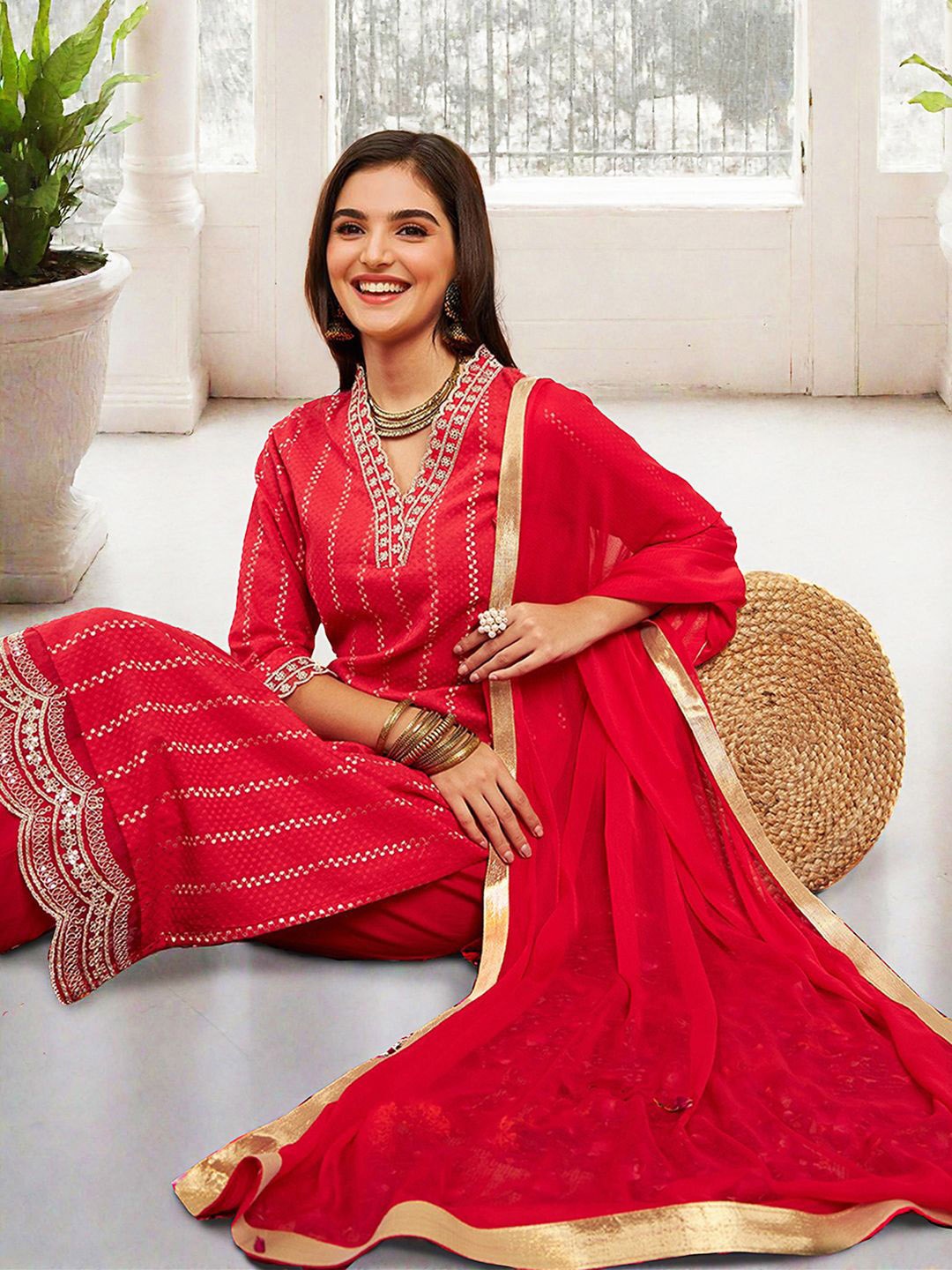 Ishin Striped Printed Sequinned Straight Pure Cotton Kurta with Trousers & Dupatta, Red
Ishin Striped Printed Sequinned Straight Pure Cotton Kurta with Trousers & Dupatta, Red