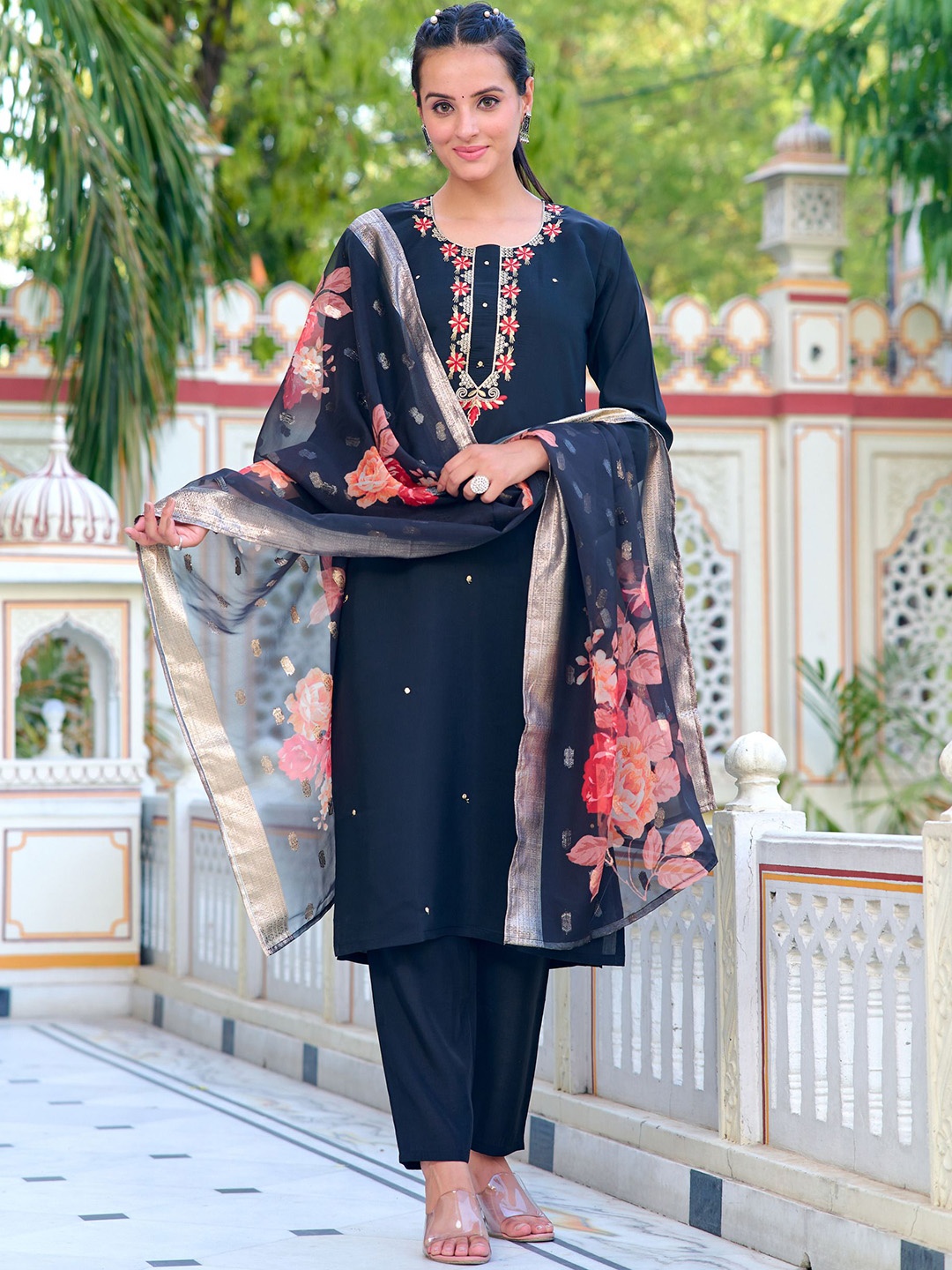 Jayalakshmi Silks Floral Embroidered Sequinned Round Neck Chanderi Cotton Kurta Set, Black
Jayalakshmi Silks Floral Embroidered Sequinned Round Neck Chanderi Cotton Kurta Set, Black