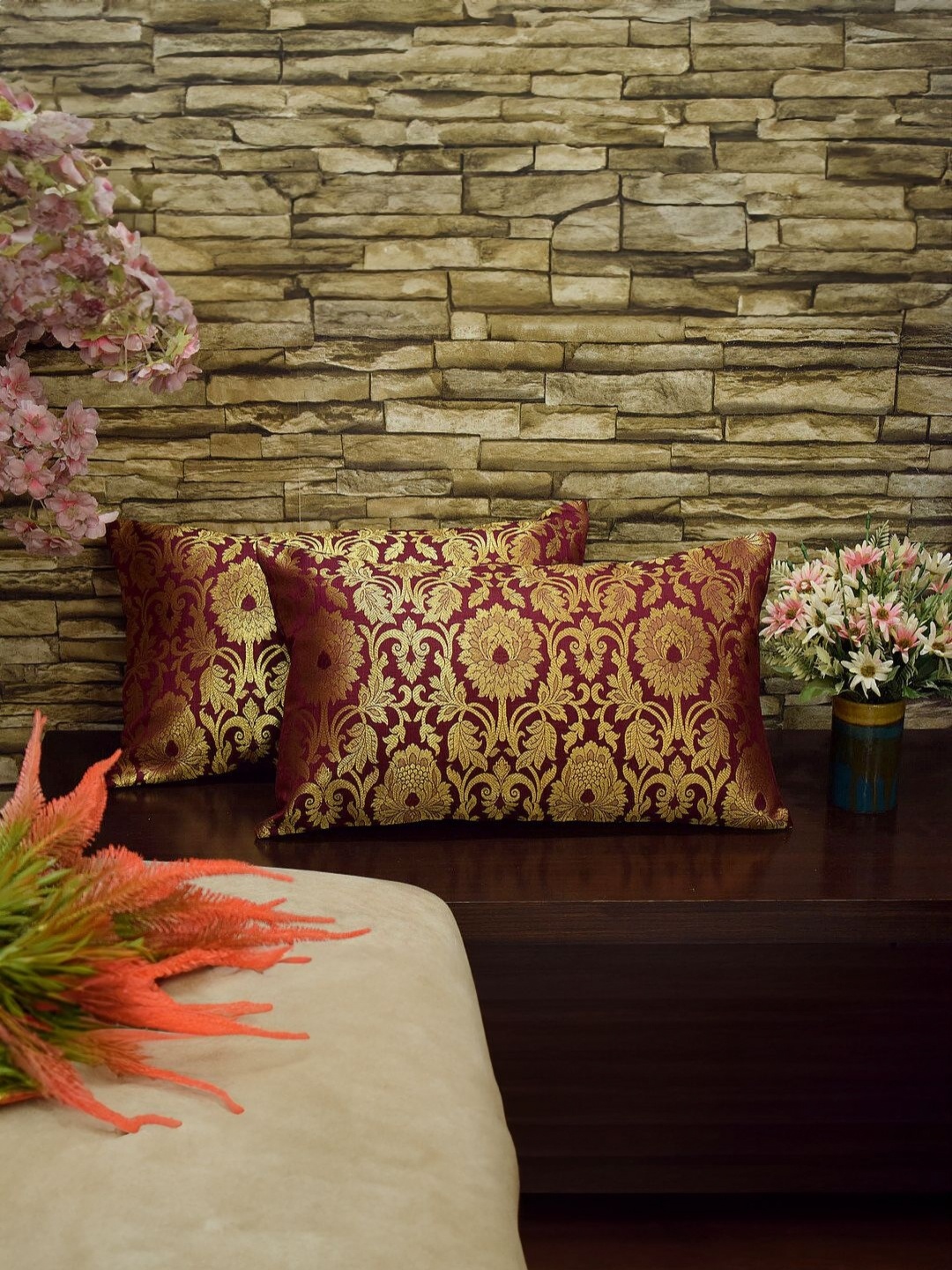RoyalDeco Burgundy 2 Pieces Ethnic Motifs Zari Brocade Silk Rectangle Cushion Covers
RoyalDeco Burgundy 2 Pieces Ethnic Motifs Zari Brocade Silk Rectangle Cushion Covers