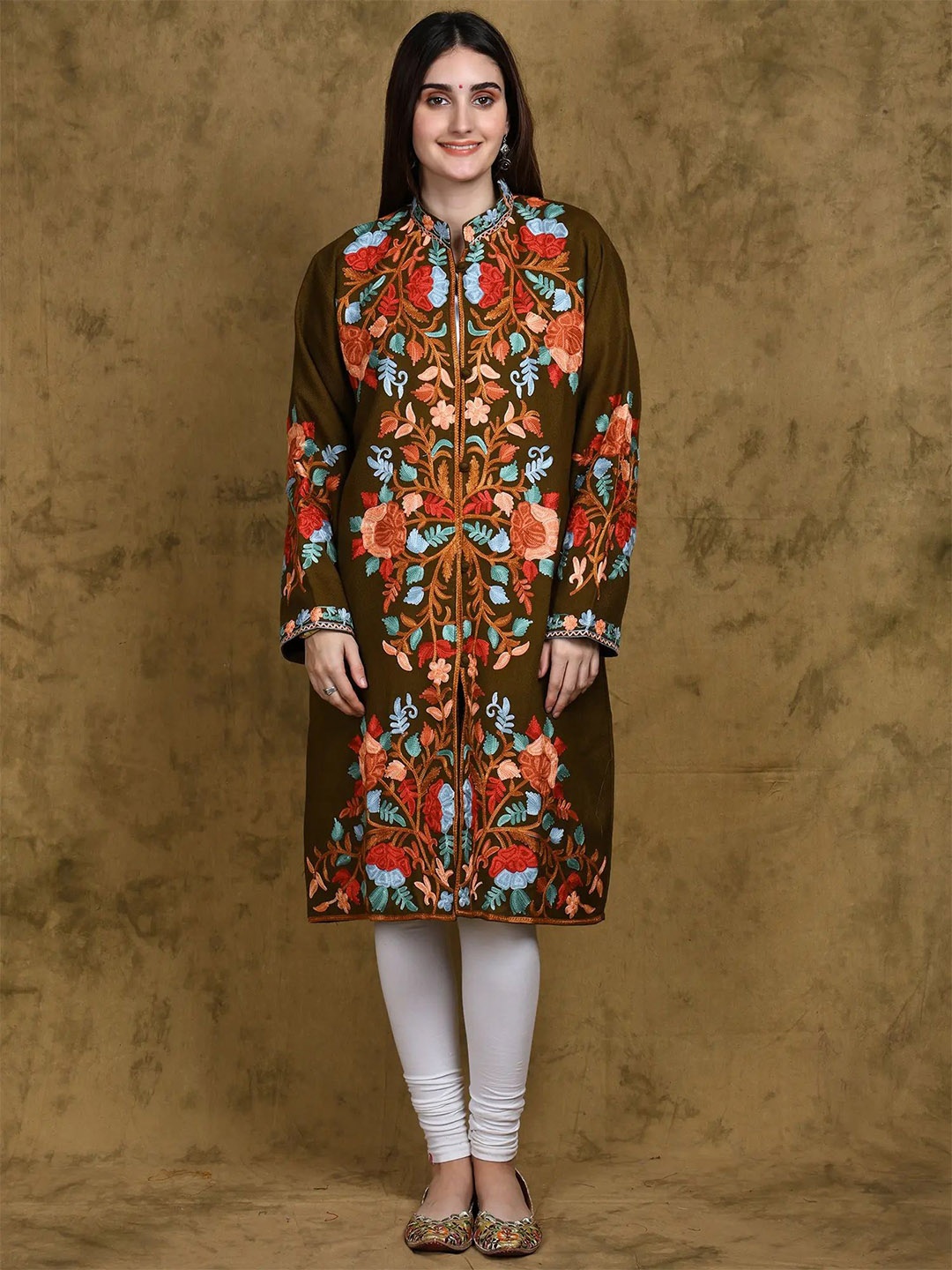 Exotic India Wool Long Jacket from Kashmir with Multicolor Aari Embroidered Floral Motifs, Green
Exotic India Wool Long Jacket from Kashmir with Multicolor Aari Embroidered Floral Motifs, Green