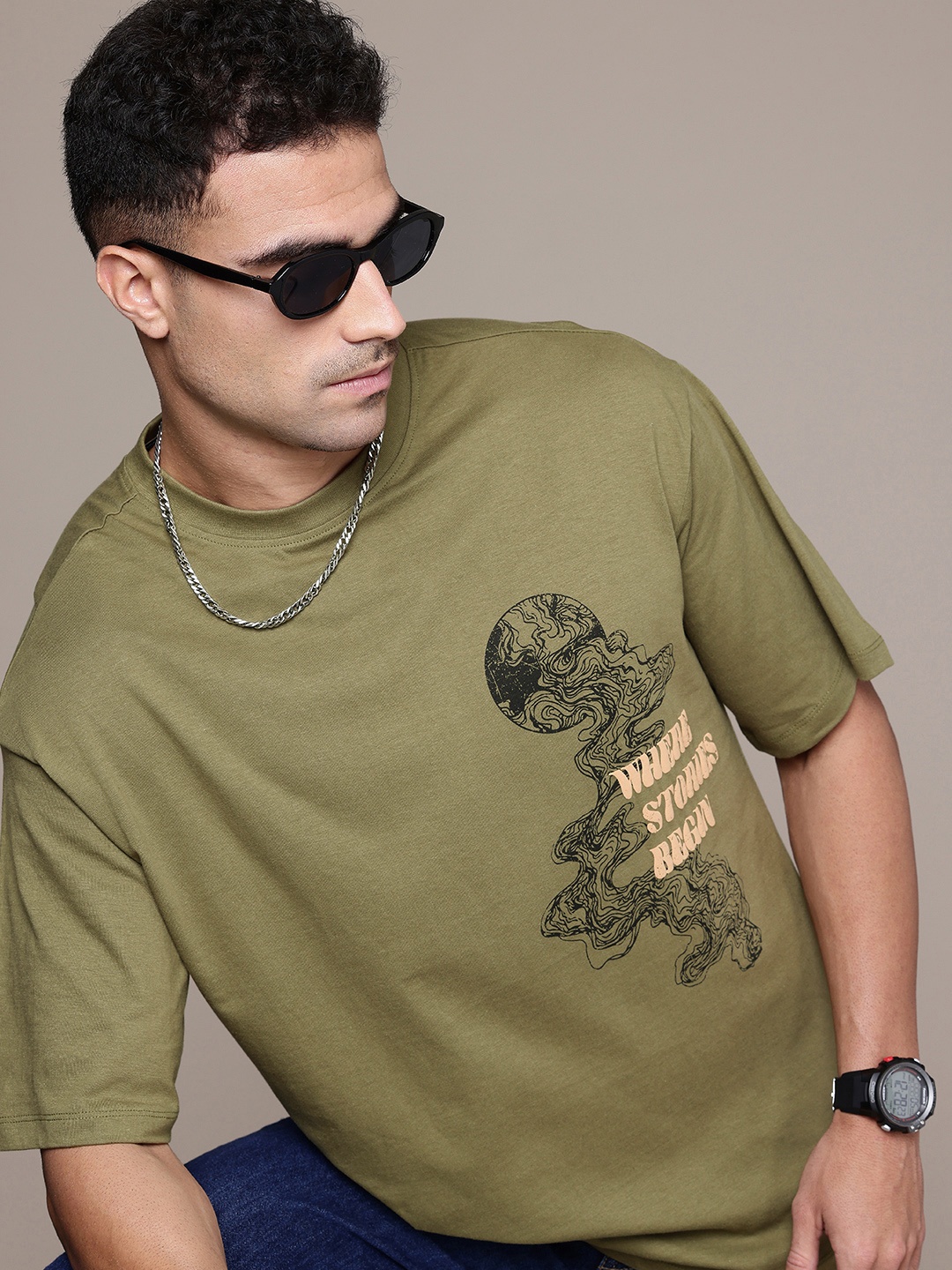The Roadster Life Co. Printed Drop-Shoulder Sleeves Relaxed Fit Pure Cotton T-shirt, Olive
The Roadster Life Co. Printed Drop-Shoulder Sleeves Relaxed Fit Pure Cotton T-shirt, Olive