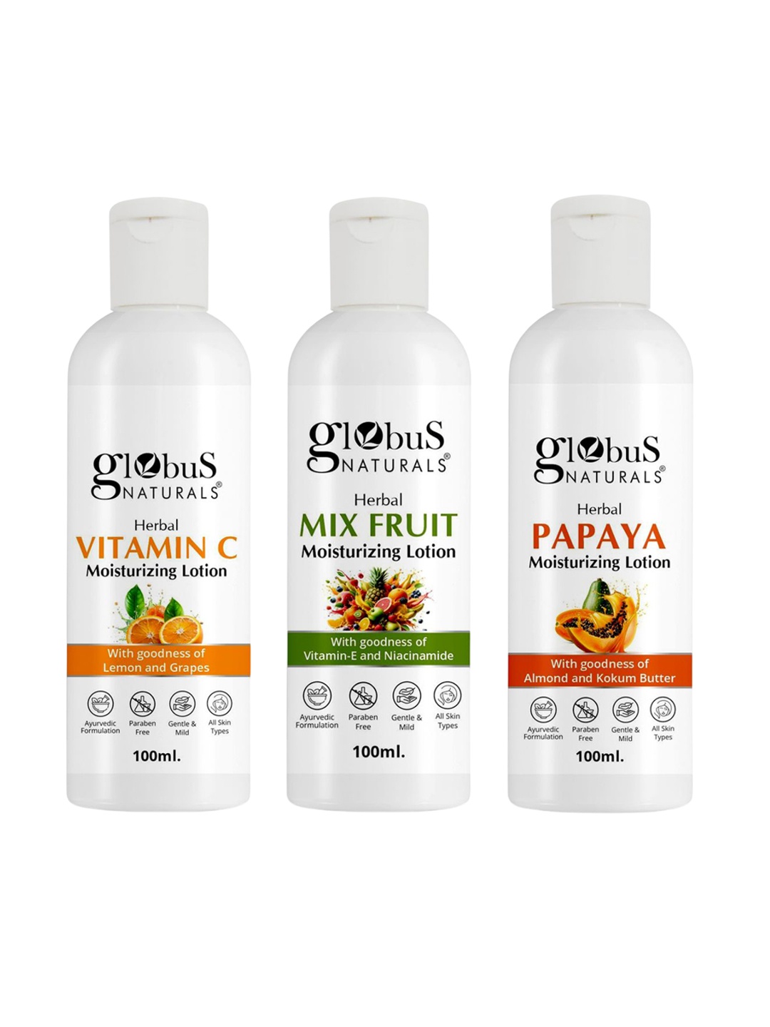 Globus naturals Set Of 3 Vitamin C, Mix Fruit & Papaya Body Lotion - 100 ml Each, White
Globus naturals Set Of 3 Vitamin C, Mix Fruit & Papaya Body Lotion - 100 ml Each, White