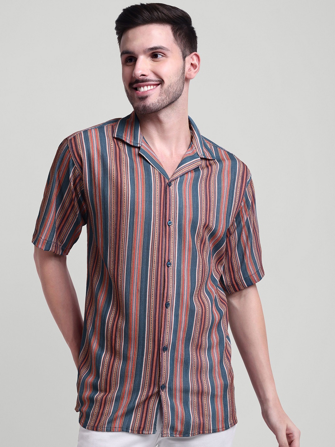 LUXURIT Men Original Relaxed Fit Cuban Collar Multi Striped Cotton Casual Shirt, Teal
LUXURIT Men Original Relaxed Fit Cuban Collar Multi Striped Cotton Casual Shirt, Teal
