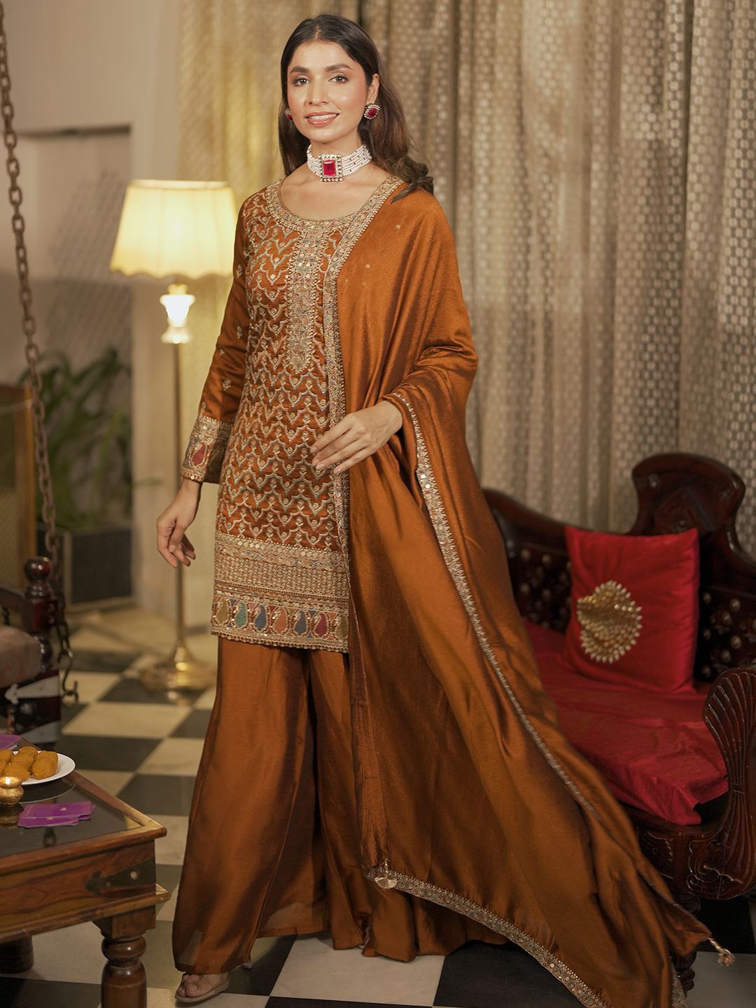 Libas Women Ethnic Motifs Embroidered Regular Kurta with Palazzos & With Dupatta, Rust
Libas Women Ethnic Motifs Embroidered Regular Kurta with Palazzos & With Dupatta, Rust