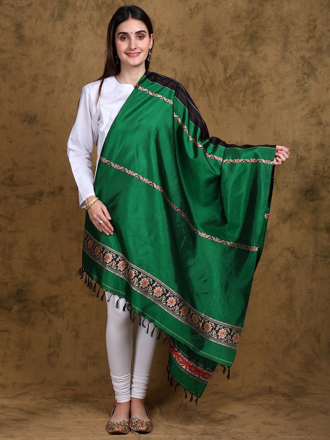 Exotic India Women Pure Silk Baluchari Dupatta from Bengal with Stripes and Floral Vine, Green
Exotic India Women Pure Silk Baluchari Dupatta from Bengal with Stripes and Floral Vine, Green