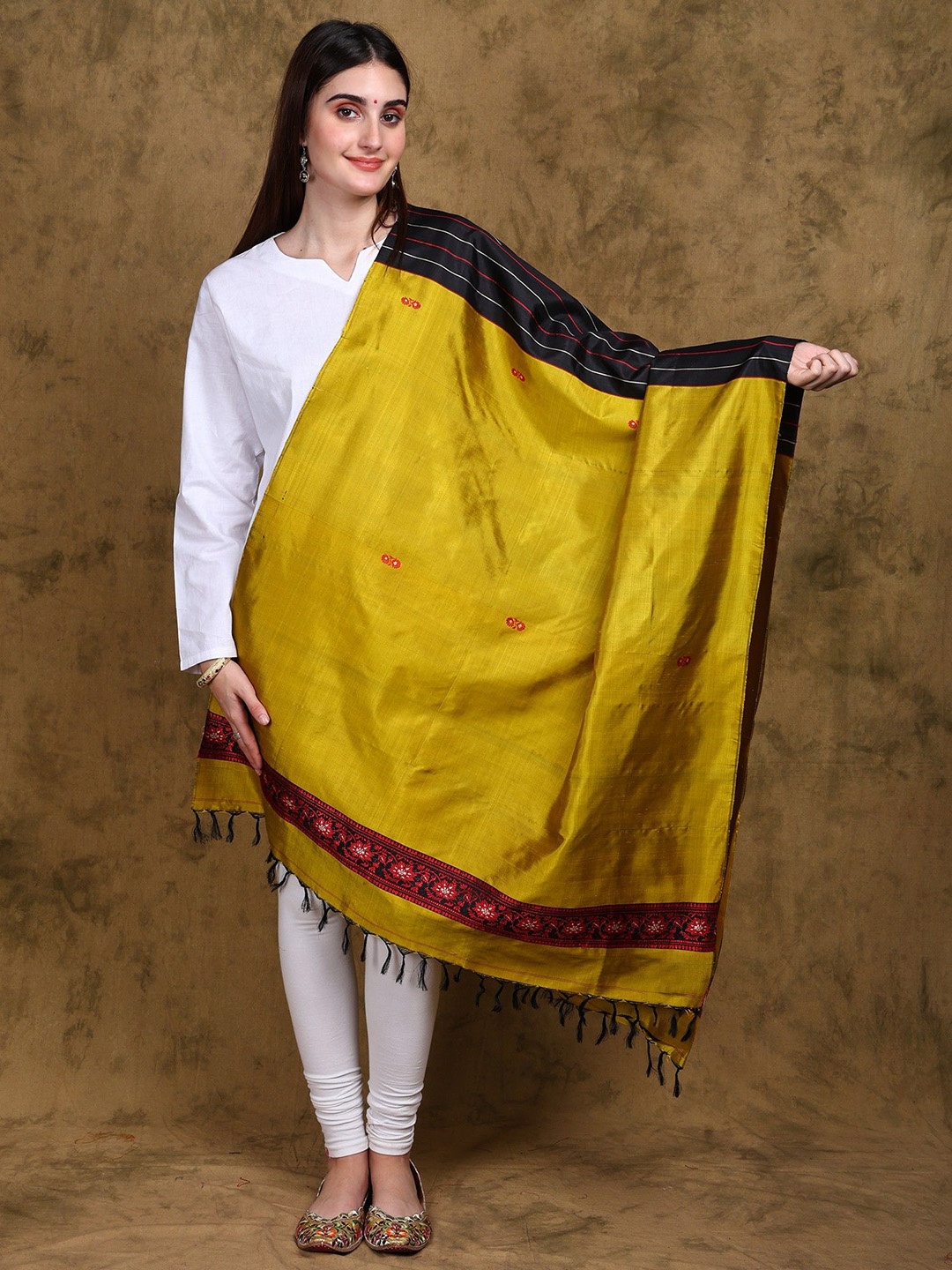 Exotic India Pure Silk Baluchari Dupatta from Bengal with Woven Bootis and Vine Border, Green
Exotic India Pure Silk Baluchari Dupatta from Bengal with Woven Bootis and Vine Border, Green