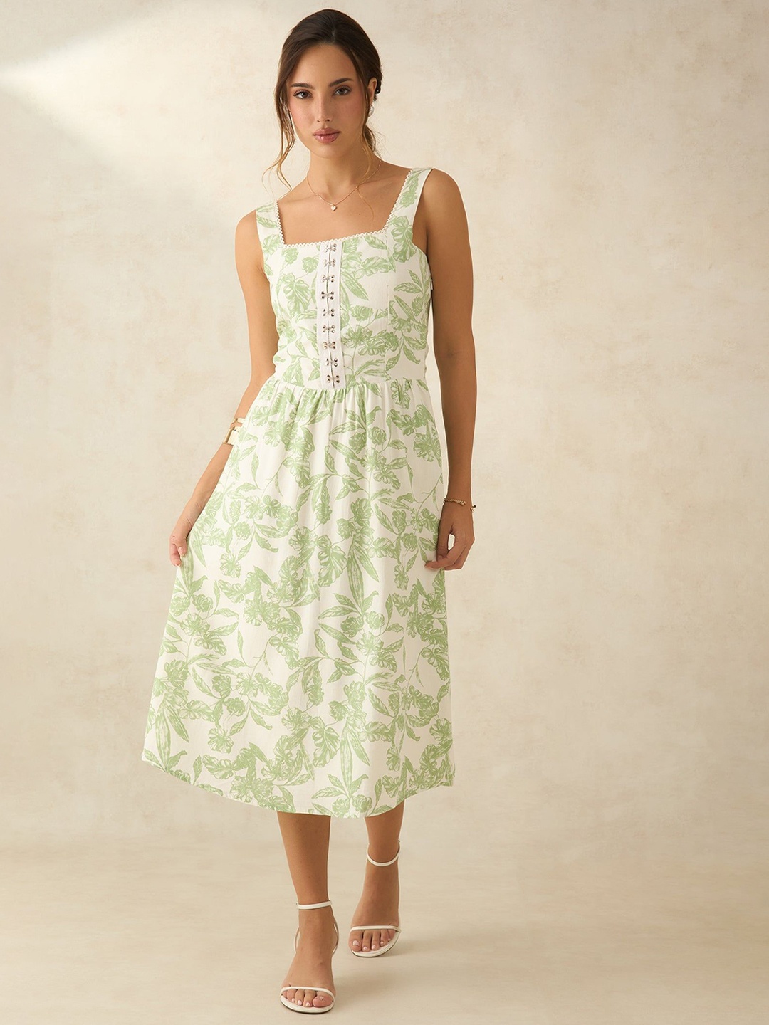 Virgio Women Cotton Square Neck Midi Length Tropical Printed Sleeveless Dress, White
Virgio Women Cotton Square Neck Midi Length Tropical Printed Sleeveless Dress, White