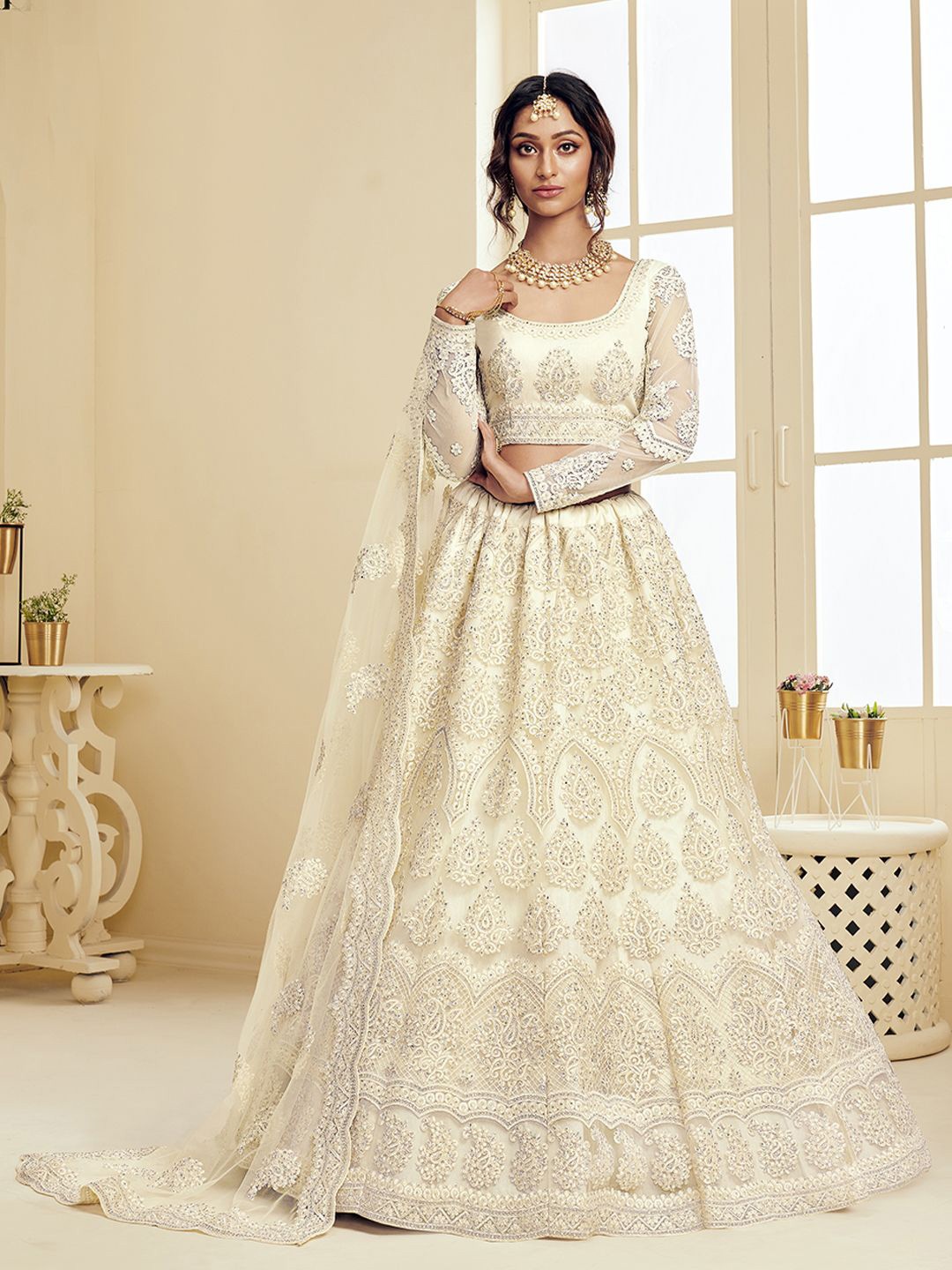 ALIZEH Ivory Net Heavy Embroidered Floral Designer Lehenga Choli With Dupatta, Cream
ALIZEH Ivory Net Heavy Embroidered Floral Designer Lehenga Choli With Dupatta, Cream