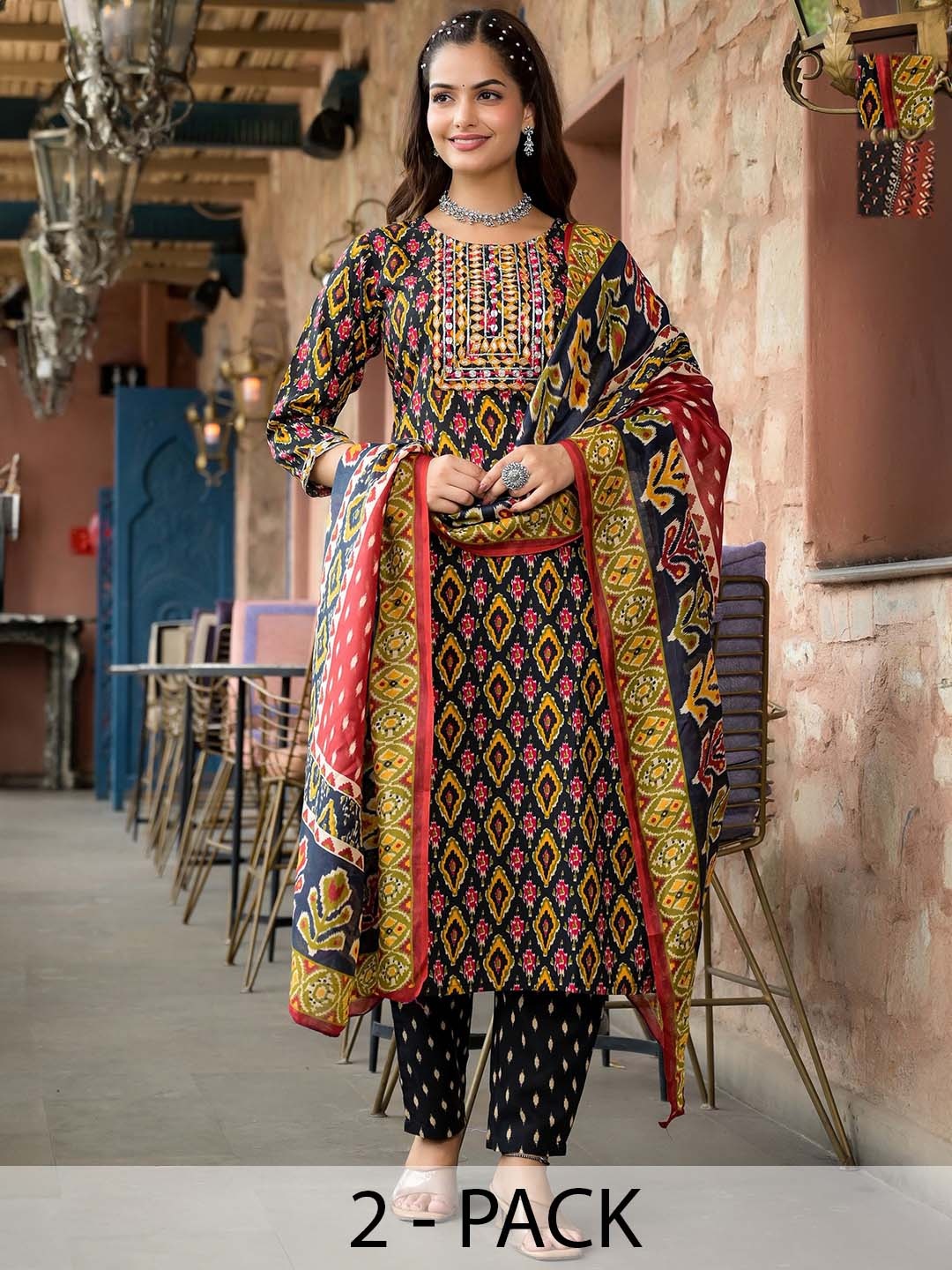 KALINI Women Ethnic Motifs Printed Regular Kurta with Trousers & With Dupatta, Black
KALINI Women Ethnic Motifs Printed Regular Kurta with Trousers & With Dupatta, Black