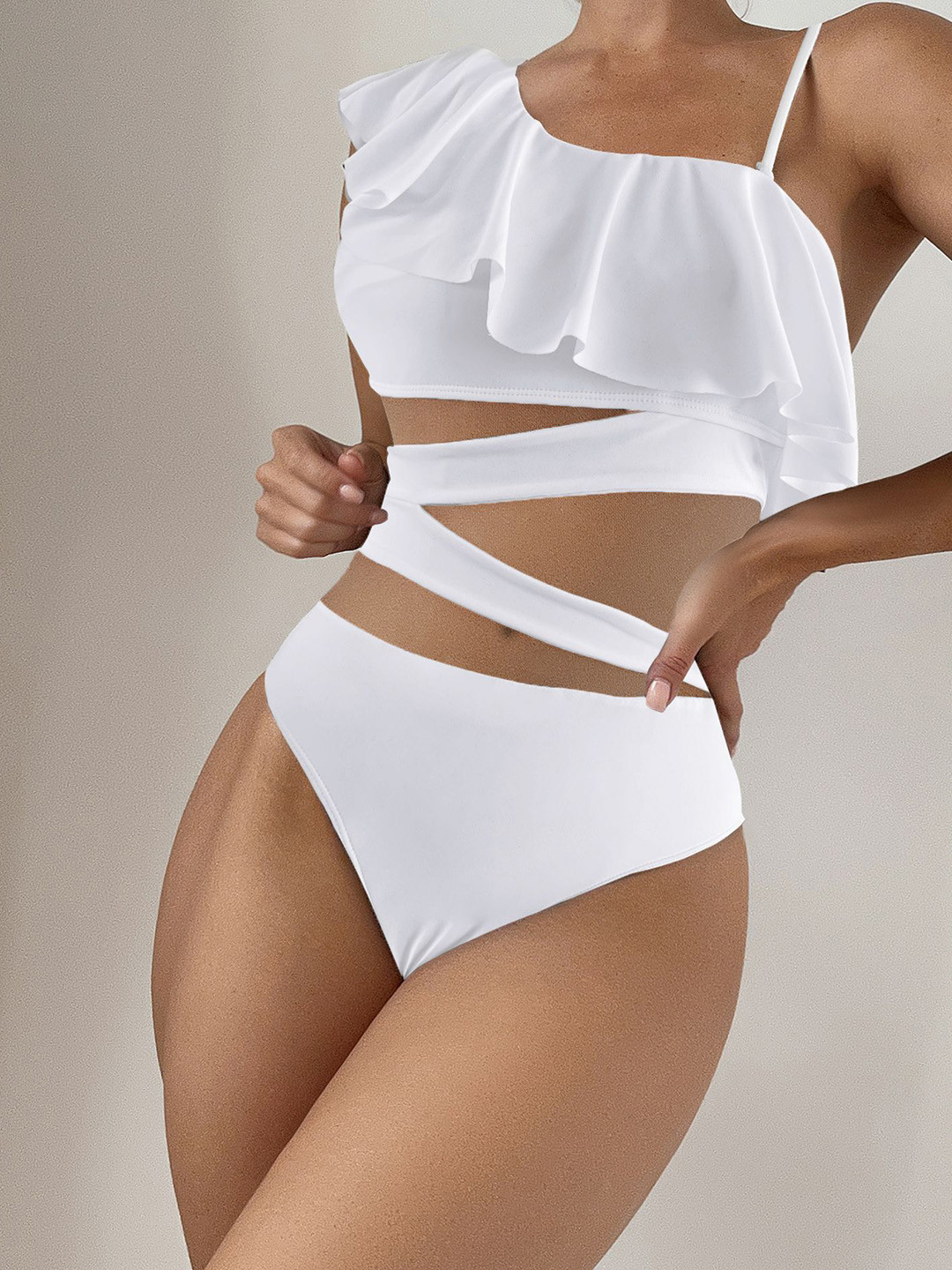 LULU & SKY Women One Shoulder Neck Flounce Trim Swimsuit, White
LULU & SKY Women One Shoulder Neck Flounce Trim Swimsuit, White