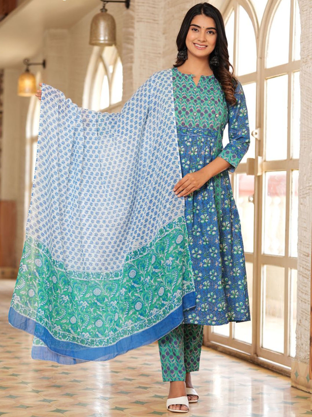KALINI Women Floral Printed Regular Mirror Work Pure Cotton Kurta with Trousers & With Dupatta, Blue
KALINI Women Floral Printed Regular Mirror Work Pure Cotton Kurta with Trousers & With Dupatta, Blue