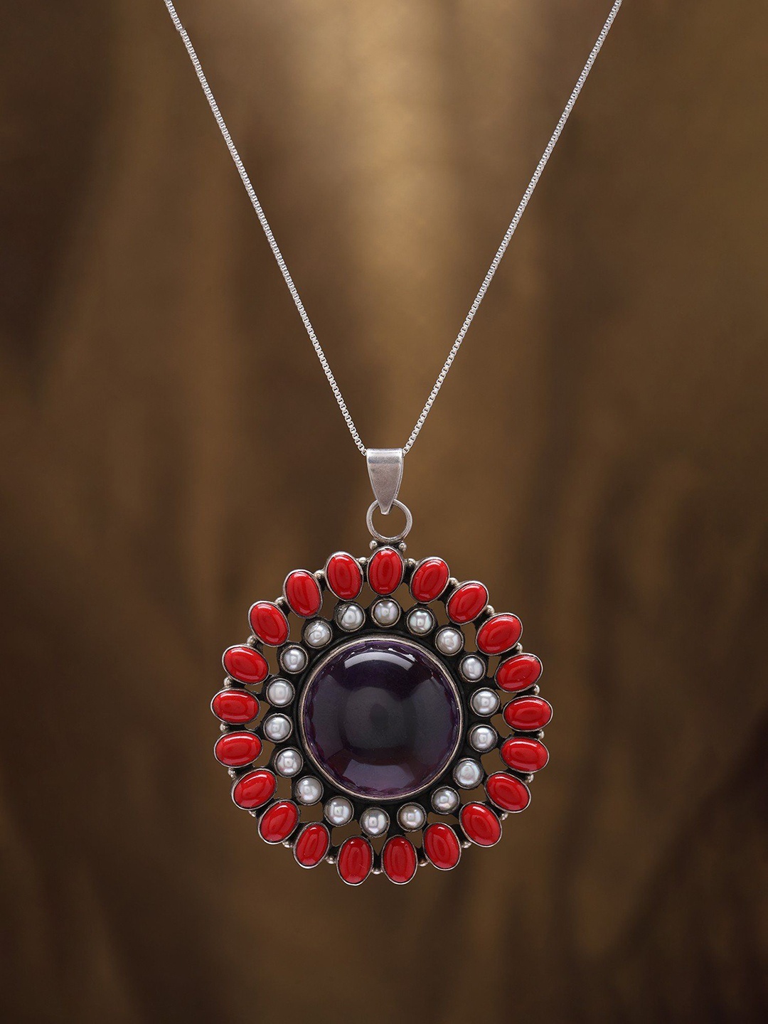 Exotic India Sterling Silver Pendant with Coral, Pearl and Amethyst Gemstone in Center, Purple
Exotic India Sterling Silver Pendant with Coral, Pearl and Amethyst Gemstone in Center, Purple