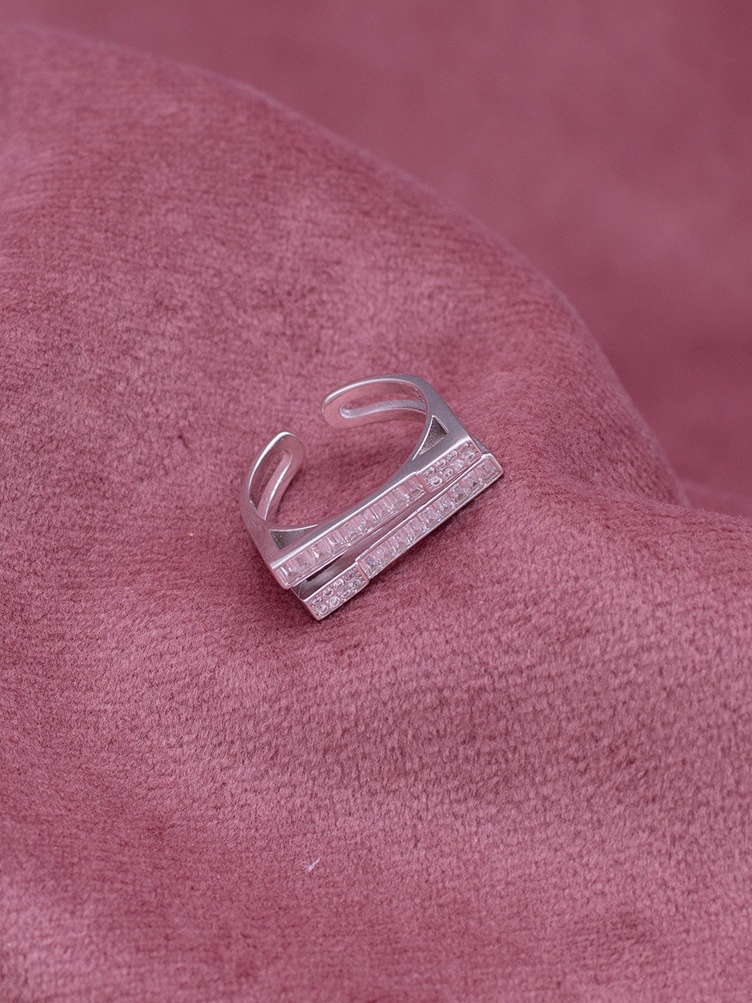 SILMORA Platinum-Plated Cubic Zirconia Stone-Studded Adjustable Finger Ring, Silver
SILMORA Platinum-Plated Cubic Zirconia Stone-Studded Adjustable Finger Ring, Silver