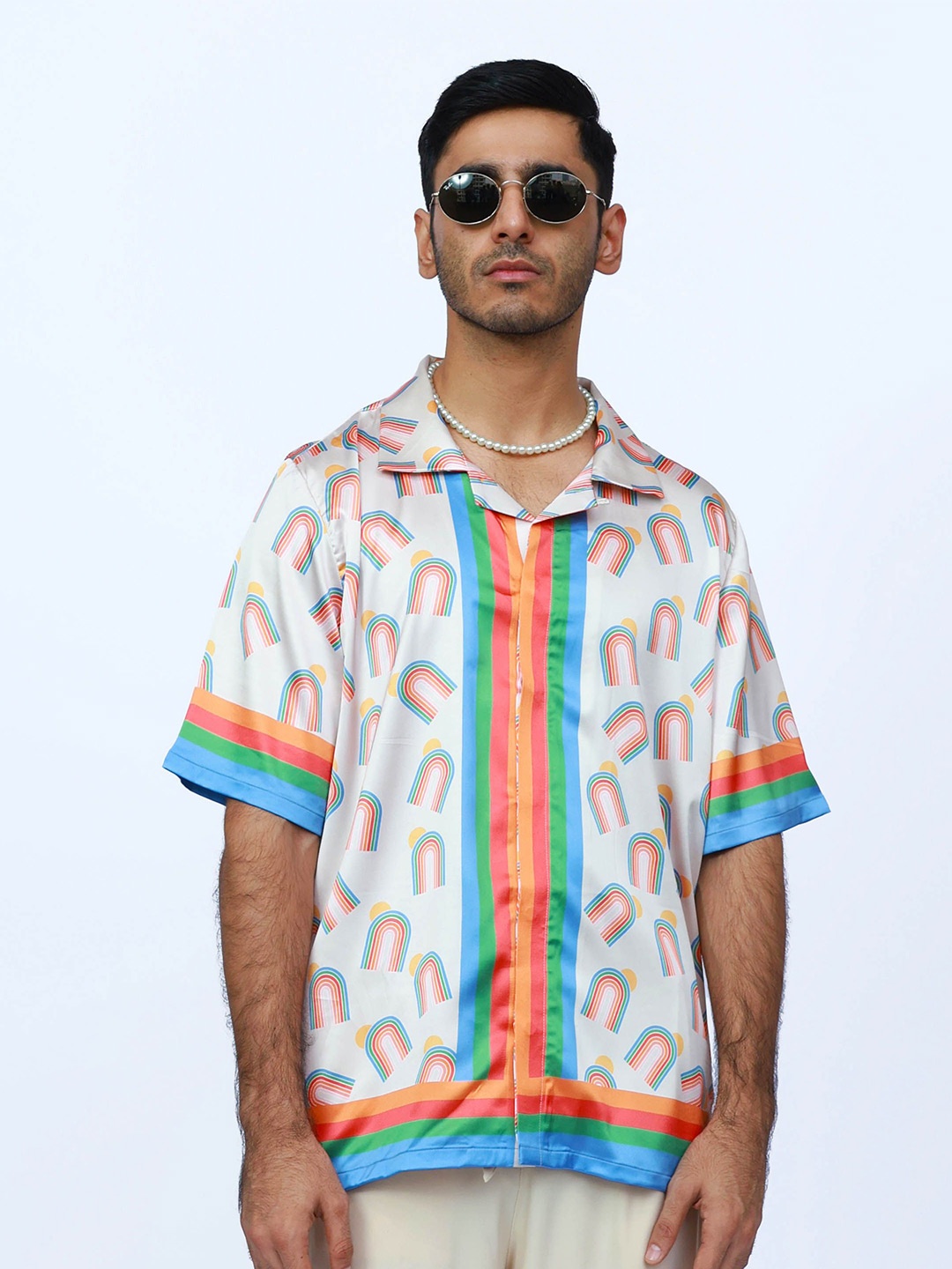 CLUBHAVANA Rainbow Arches Comfort Relaxed Fit Conversational Printed Premium Satin Shirt, Cream
CLUBHAVANA Rainbow Arches Comfort Relaxed Fit Conversational Printed Premium Satin Shirt, Cream