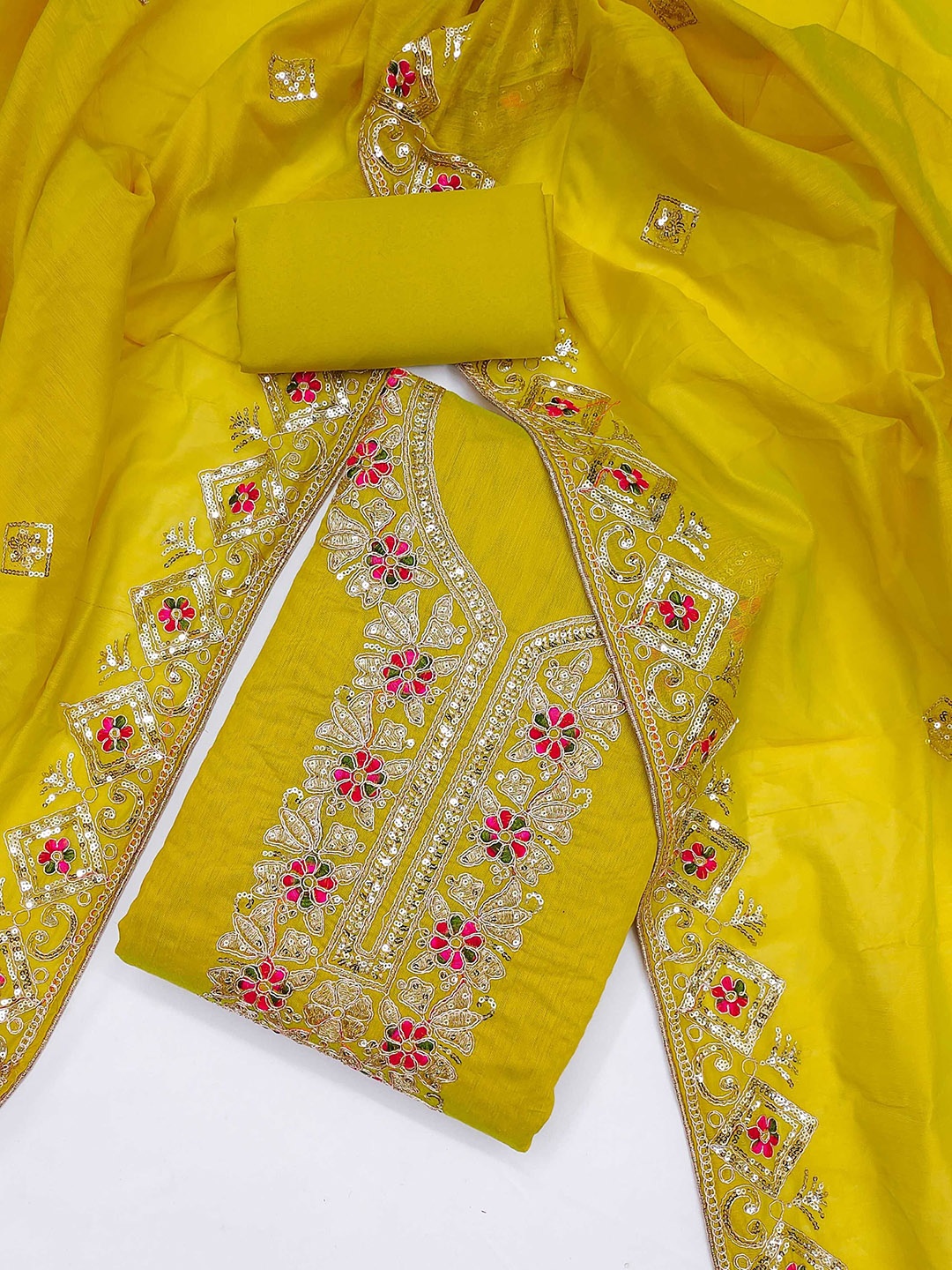 KALINI Ethnic Motifs Embroidered Sequinned Chanderi Silk Unstitched Dress Material, Mustard
KALINI Ethnic Motifs Embroidered Sequinned Chanderi Silk Unstitched Dress Material, Mustard