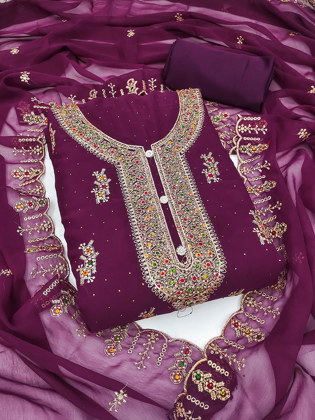 KALINI Ethnic Motifs Embroidered Beads and Stones Georgette Unstitched Dress Material, Purple
KALINI Ethnic Motifs Embroidered Beads and Stones Georgette Unstitched Dress Material, Purple