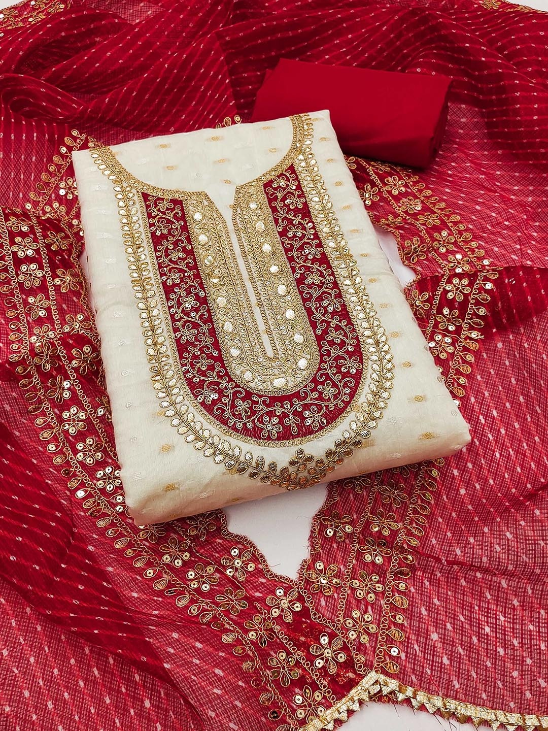 KALINI Ethnic Motifs Embroidered Sequinned Chanderi Butti Silk Unstitched Dress Material, White
KALINI Ethnic Motifs Embroidered Sequinned Chanderi Butti Silk Unstitched Dress Material, White