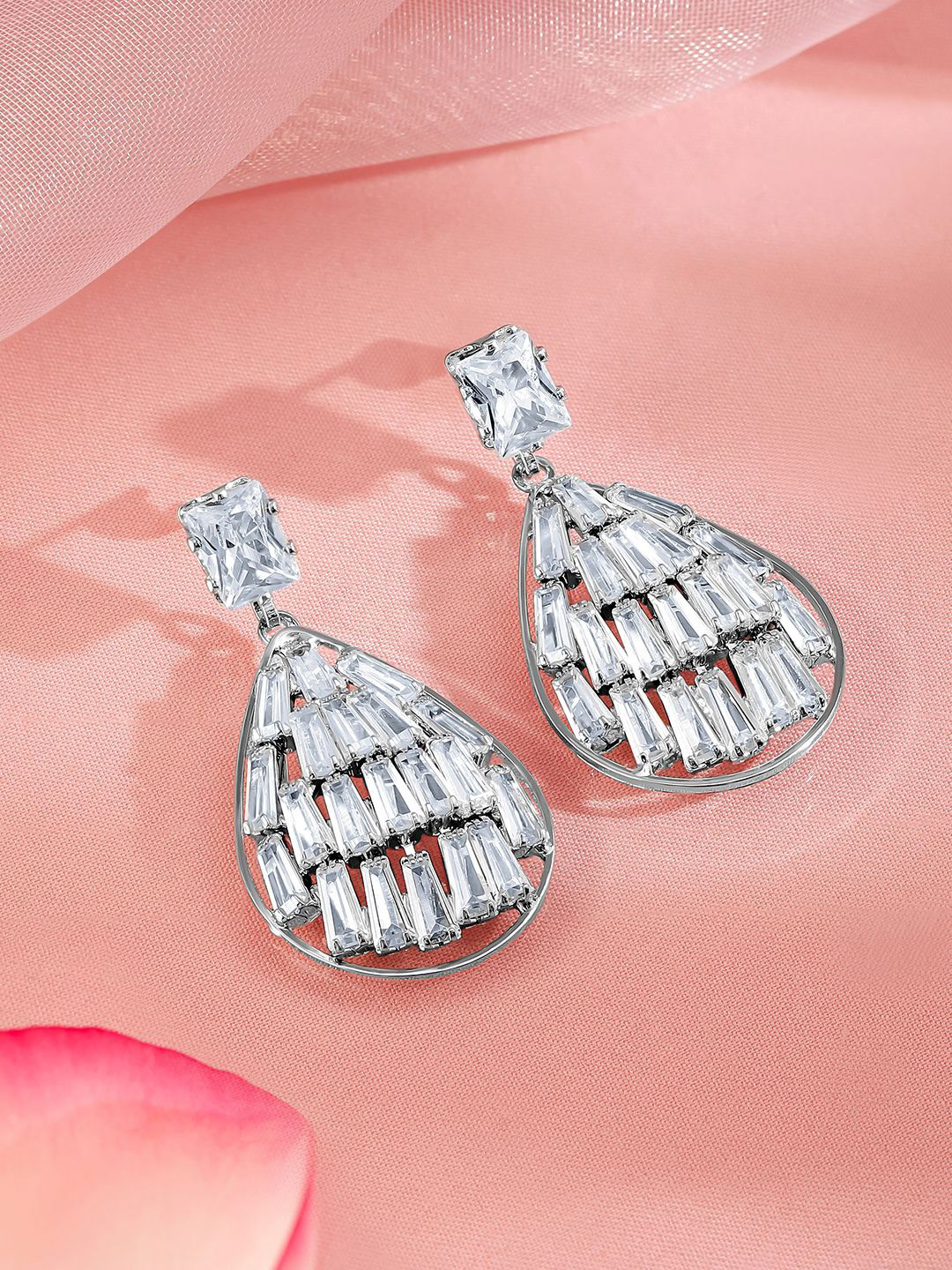 Rubans Rhodium Plated Cubic Zirconia Stone Studded Teardrop Shaped Drop Earrings, Silver
Rubans Rhodium Plated Cubic Zirconia Stone Studded Teardrop Shaped Drop Earrings, Silver
