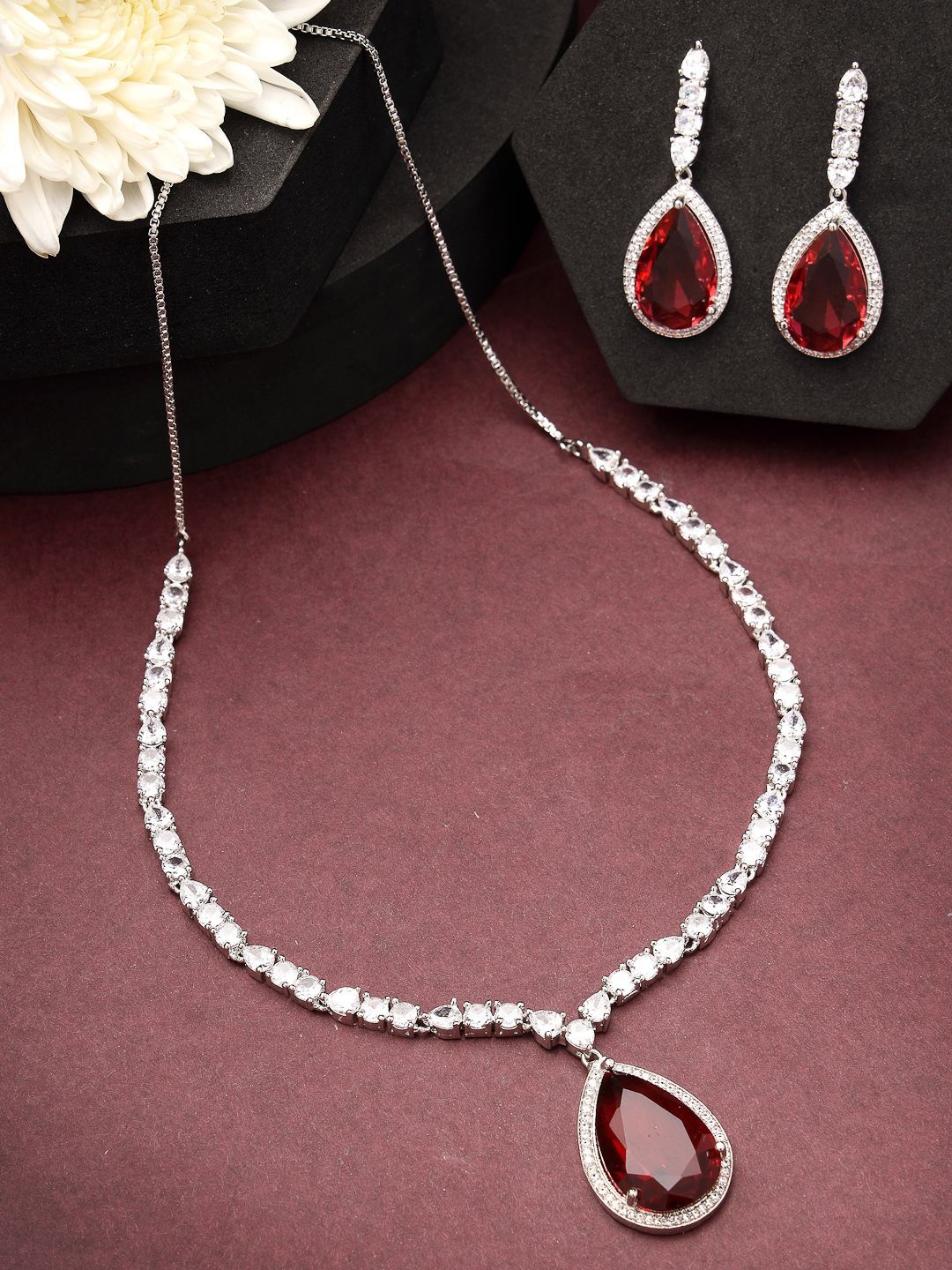 ZENEME Rhodium-Plated Timeless Crystal Blooms Red Stone Pendant & Earring Set, Silver
ZENEME Rhodium-Plated Timeless Crystal Blooms Red Stone Pendant & Earring Set, Silver