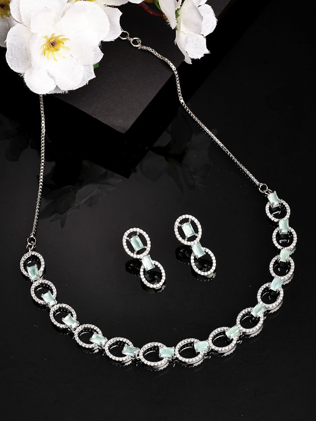 ZENEME Rhodium-Plated Geometrical Ocean Green American Diamond Necklace With Earring Set, Silver
ZENEME Rhodium-Plated Geometrical Ocean Green American Diamond Necklace With Earring Set, Silver