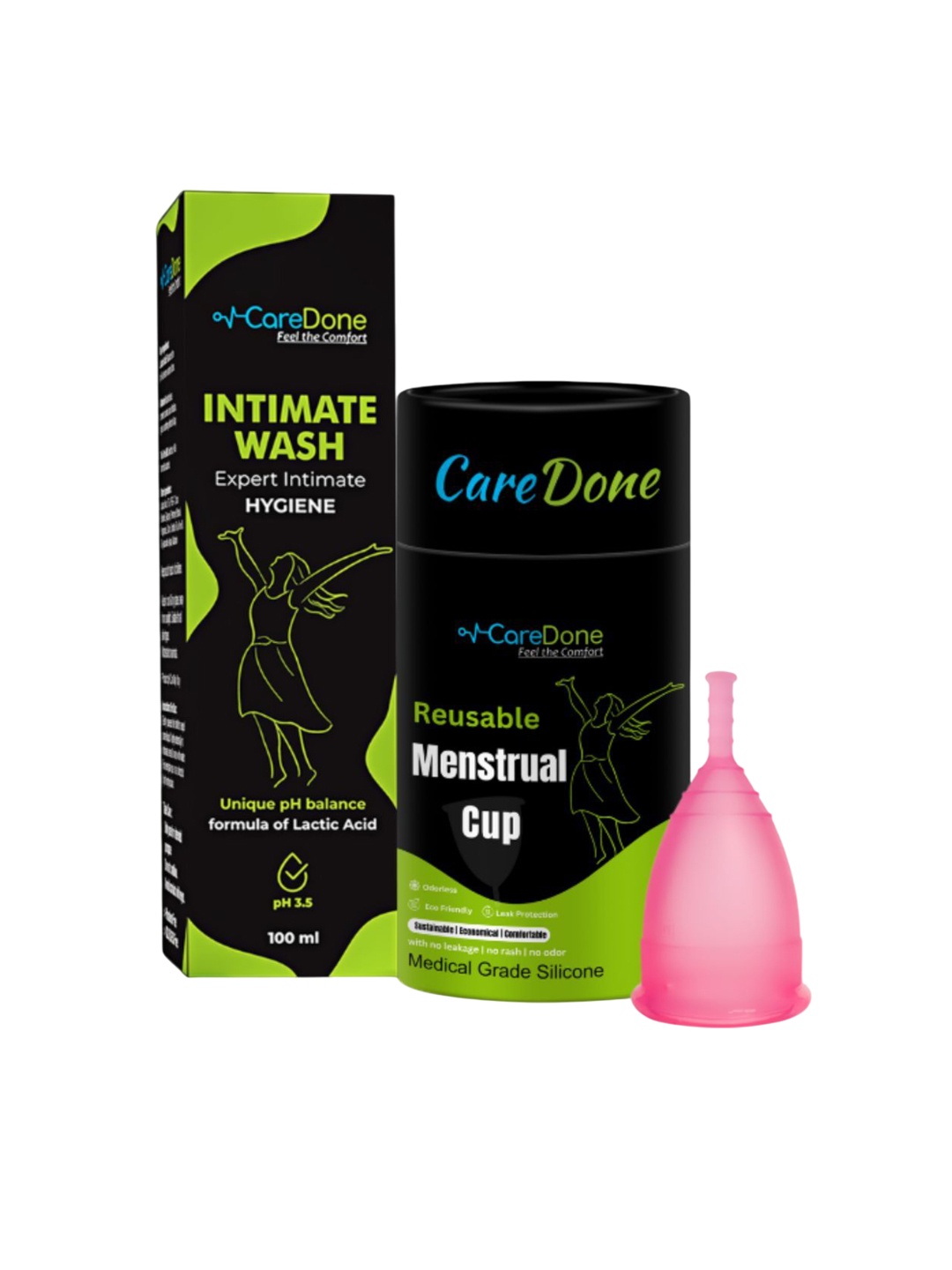 CareDone Leak-Proof Silicone Menstrual Cup -Pink With Lactic Acid Intimate Wash - 100 ml
CareDone Leak-Proof Silicone Menstrual Cup -Pink With Lactic Acid Intimate Wash - 100 ml