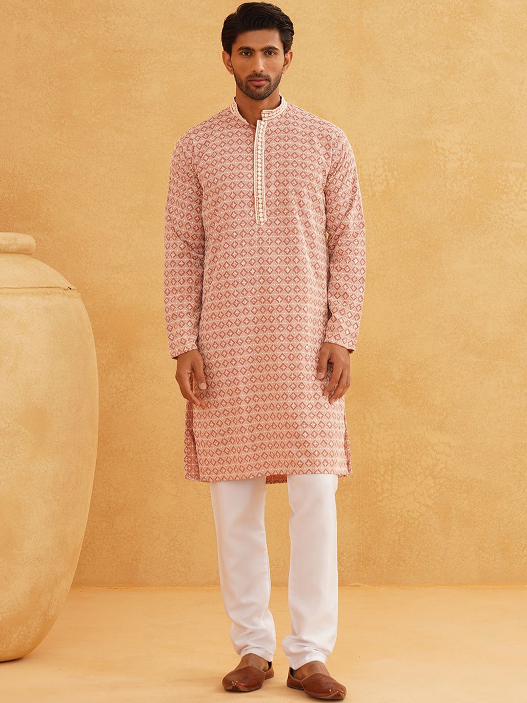 SOJANYA Geometric Embroidered Mandarin Collar Thread Work Pure Cotton Kurta With Churidar, Peach
SOJANYA Geometric Embroidered Mandarin Collar Thread Work Pure Cotton Kurta With Churidar, Peach