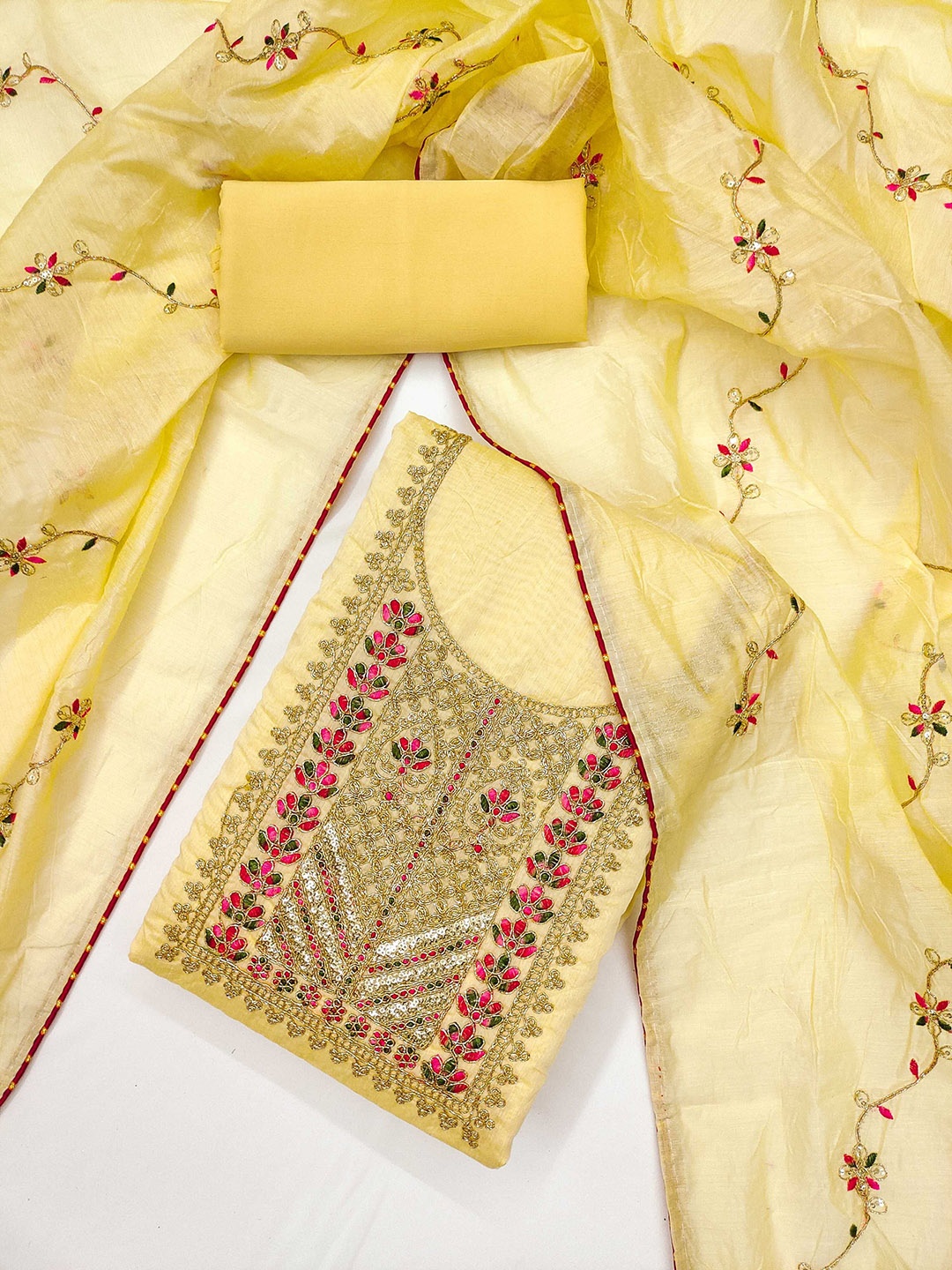 KALINI Ethnic Motifs Embroidered Sequinned Chanderi Silk Unstitched Dress Material, Yellow
KALINI Ethnic Motifs Embroidered Sequinned Chanderi Silk Unstitched Dress Material, Yellow