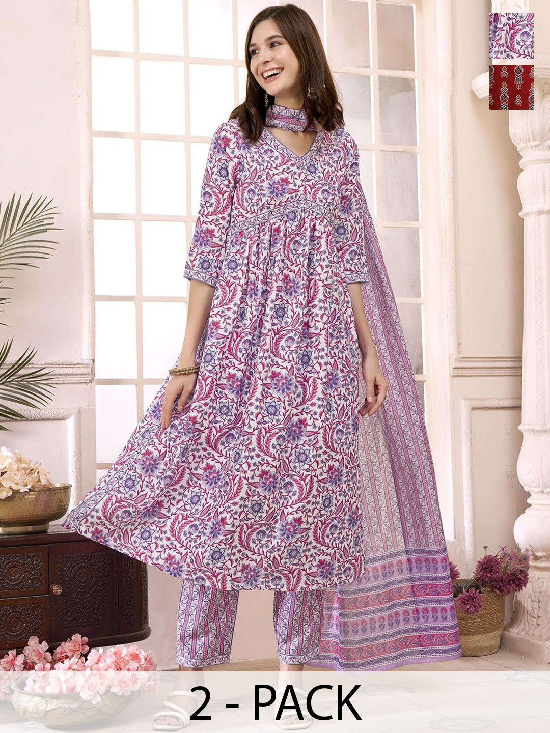 KALINI Selection Of 2 Floral Printed V-Neck Straight Kurtas With Trousers And Dupattas, Off white
KALINI Selection Of 2 Floral Printed V-Neck Straight Kurtas With Trousers And Dupattas, Off white
