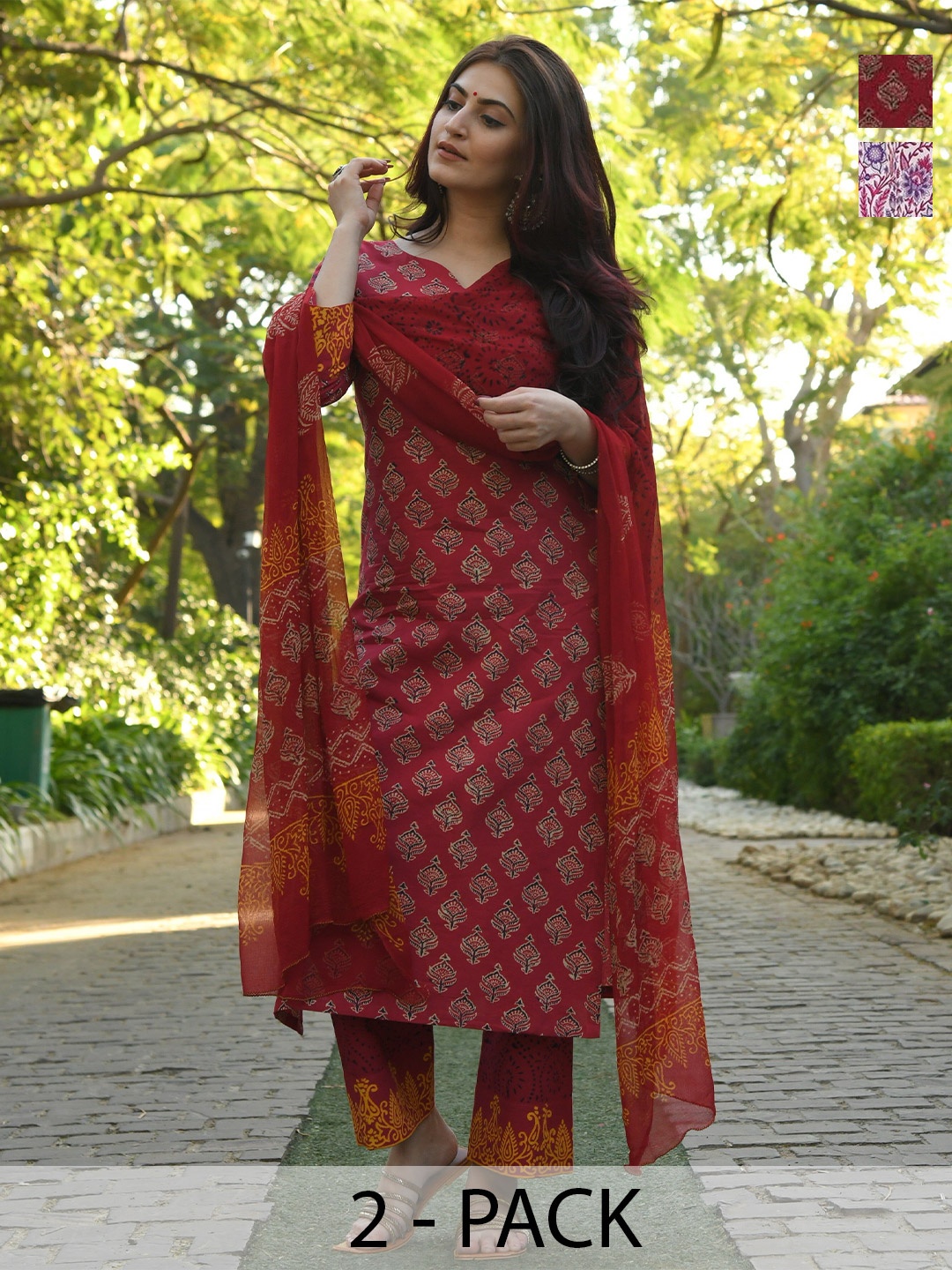 KALINI Selection Of 2 Floral Printed Notch Neck Straight Kurtas With Trousers And Dupattas, Red
KALINI Selection Of 2 Floral Printed Notch Neck Straight Kurtas With Trousers And Dupattas, Red
