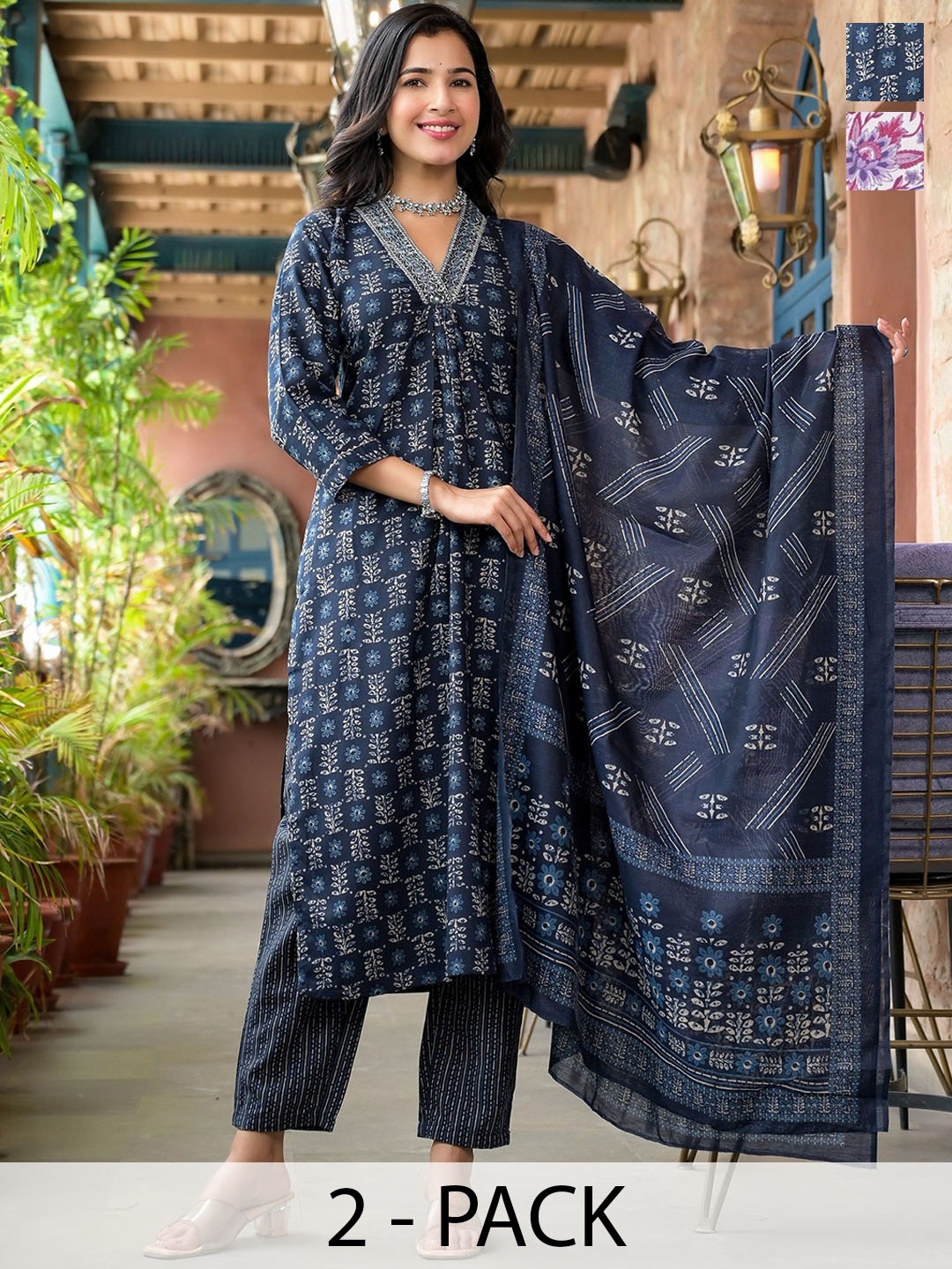 KALINI Selection Of 2 Floral Printed V-Neck Straight Kurtas With Trousers And Dupattas, Navy blue
KALINI Selection Of 2 Floral Printed V-Neck Straight Kurtas With Trousers And Dupattas, Navy blue