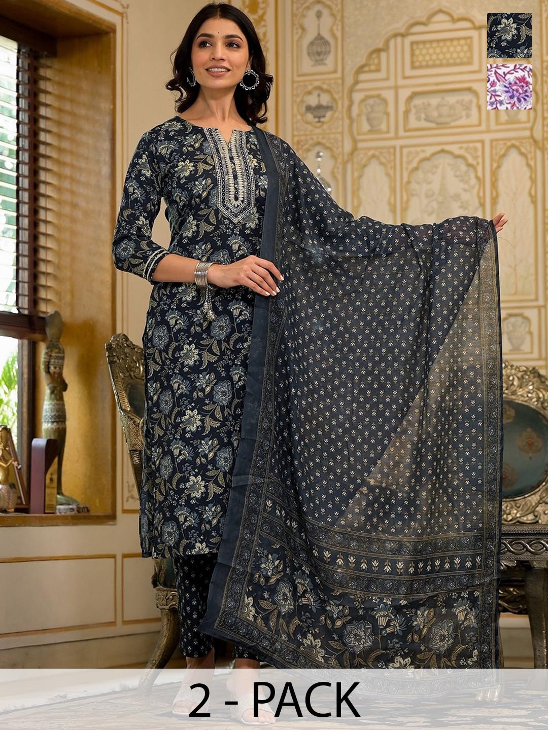KALINI Selection Of 2 Floral Printed Sequence Kurtas With Trousers And Dupattas, Navy blue
KALINI Selection Of 2 Floral Printed Sequence Kurtas With Trousers And Dupattas, Navy blue