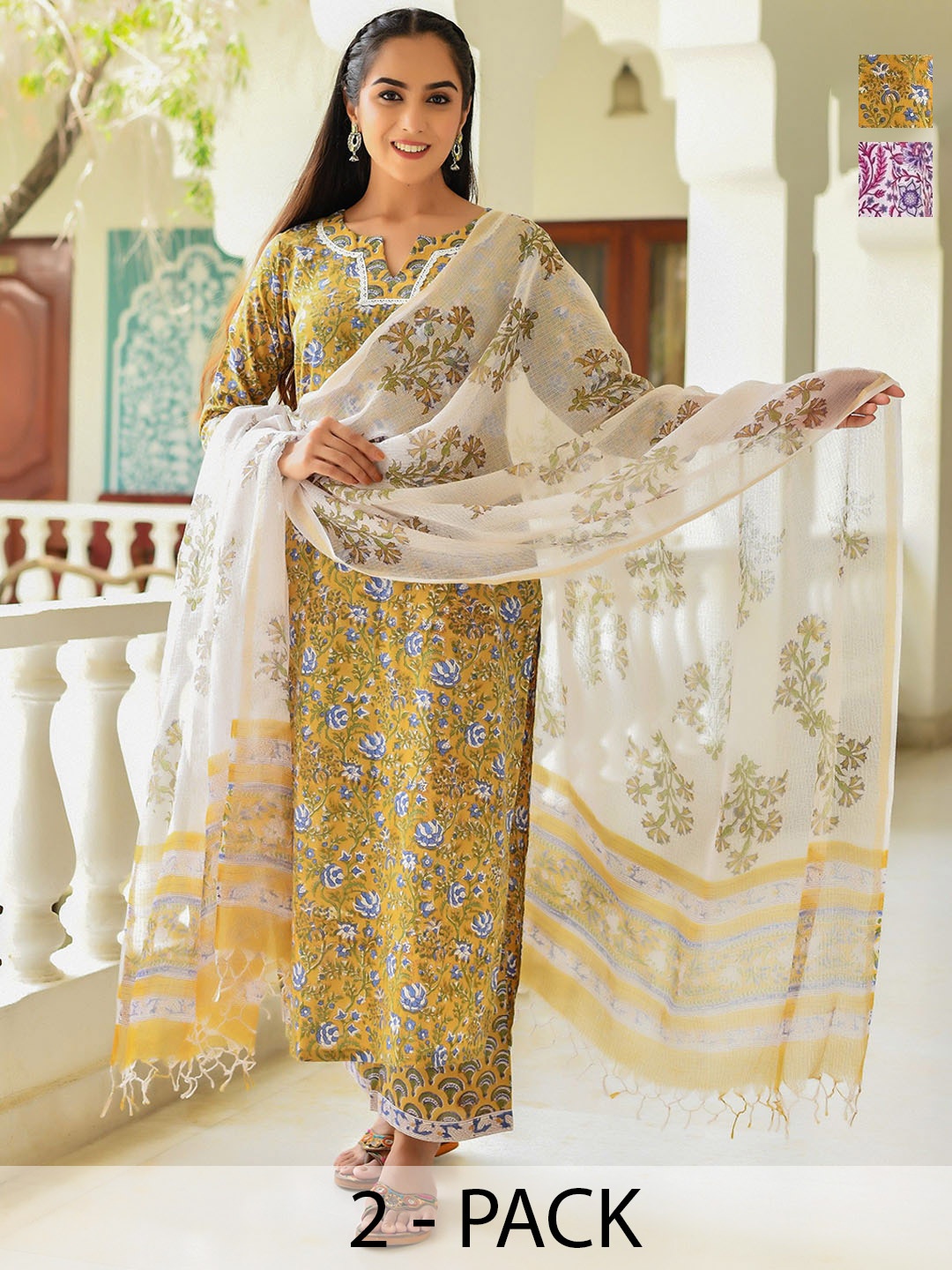 KALINI Selection Of 2 Floral Printed Notch-Neck Straight Kurta With Trousers And Dupatta, Purple
KALINI Selection Of 2 Floral Printed Notch-Neck Straight Kurta With Trousers And Dupatta, Purple