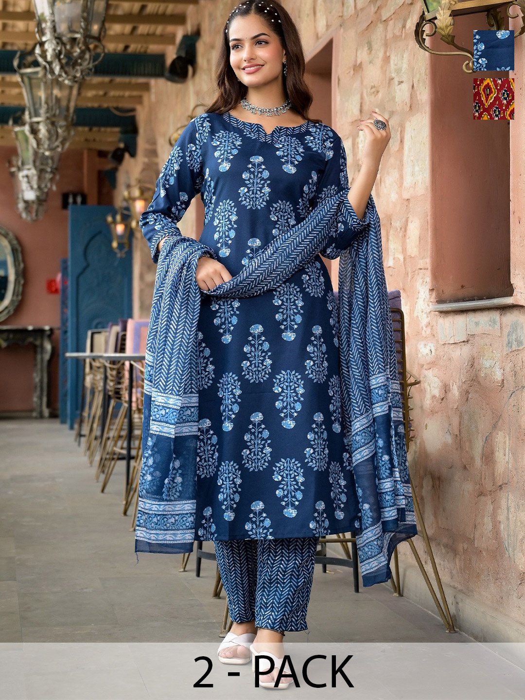 KALINI Selection Of 2 Floral Printed Notch Neck Straight Kurtas With Trousers And Dupattas, Navy blue
KALINI Selection Of 2 Floral Printed Notch Neck Straight Kurtas With Trousers And Dupattas, Navy blue
