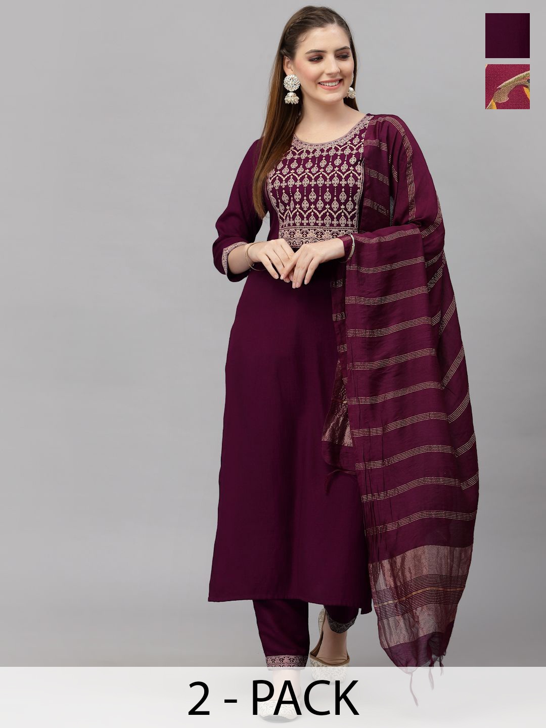 KALINI Selection Of 2 Floral Printed Straight Kurtas With Trousers & Dupattas, Purple
KALINI Selection Of 2 Floral Printed Straight Kurtas With Trousers & Dupattas, Purple