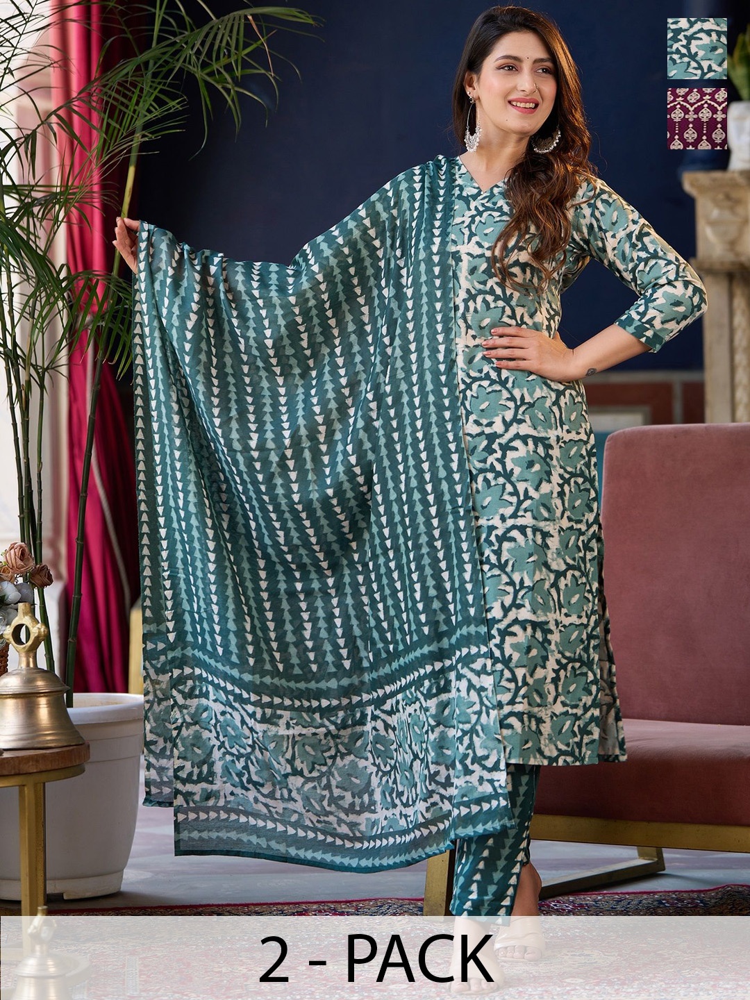 KALINI Selection Of 2 Ethnic Motifs Printed Straight Kurta With Trousers & Dupatta, Green
KALINI Selection Of 2 Ethnic Motifs Printed Straight Kurta With Trousers & Dupatta, Green