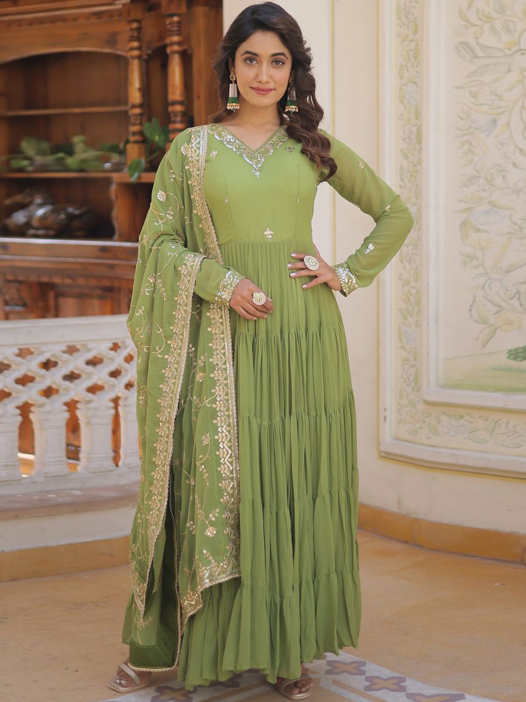 KALINI Floral Embroidered Georgette Anarkali Maxi Ethnic Dress With Dupatta, Green
KALINI Floral Embroidered Georgette Anarkali Maxi Ethnic Dress With Dupatta, Green